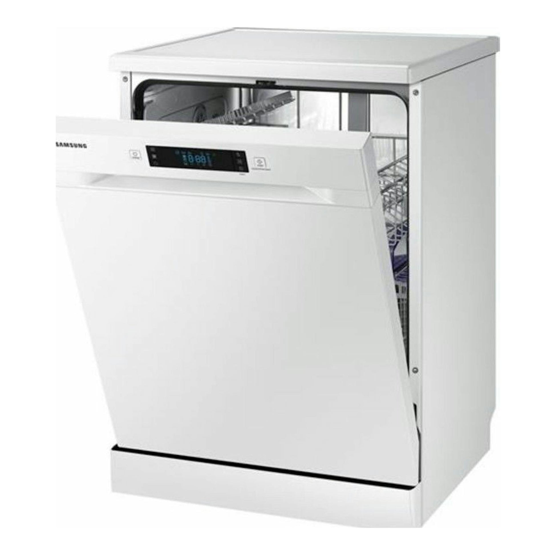 Lavavajillas Samsung DW60M6040FW/EC blanco, vista frontal en 3/4 con la puerta abierta.