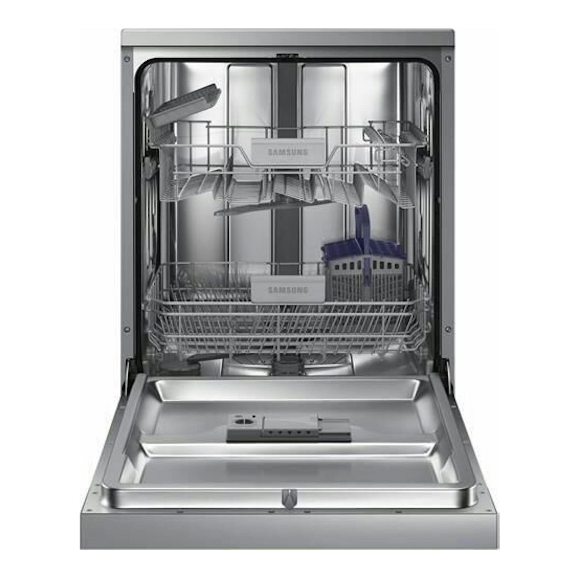 Lavavajillas Samsung DW60M6040FS/EC de acero inoxidable, abierto, vista frontal con cestas interiores.
