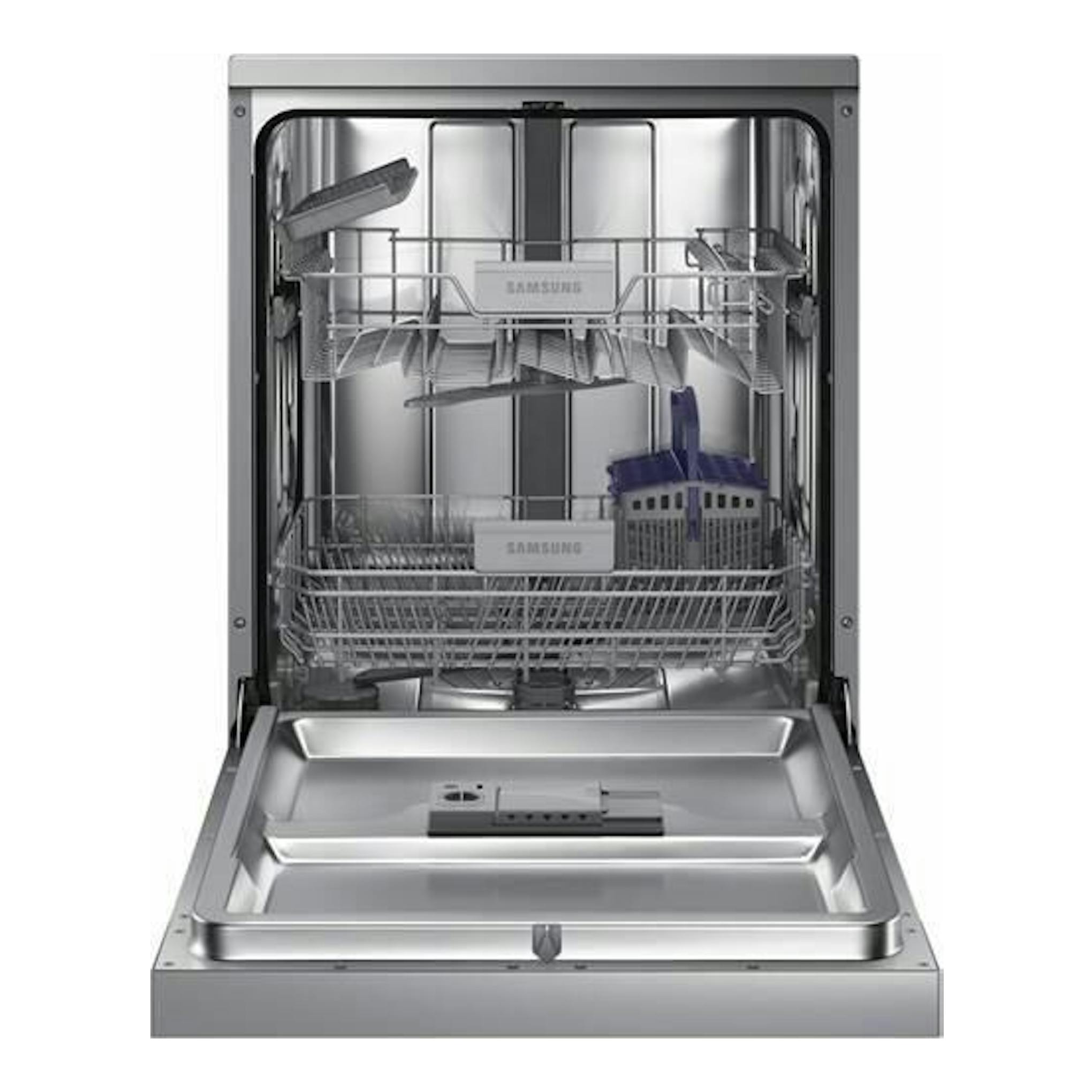Lavavajillas Samsung DW60M6040FS/EC de acero inoxidable, abierto, vista frontal con cestas interiores.