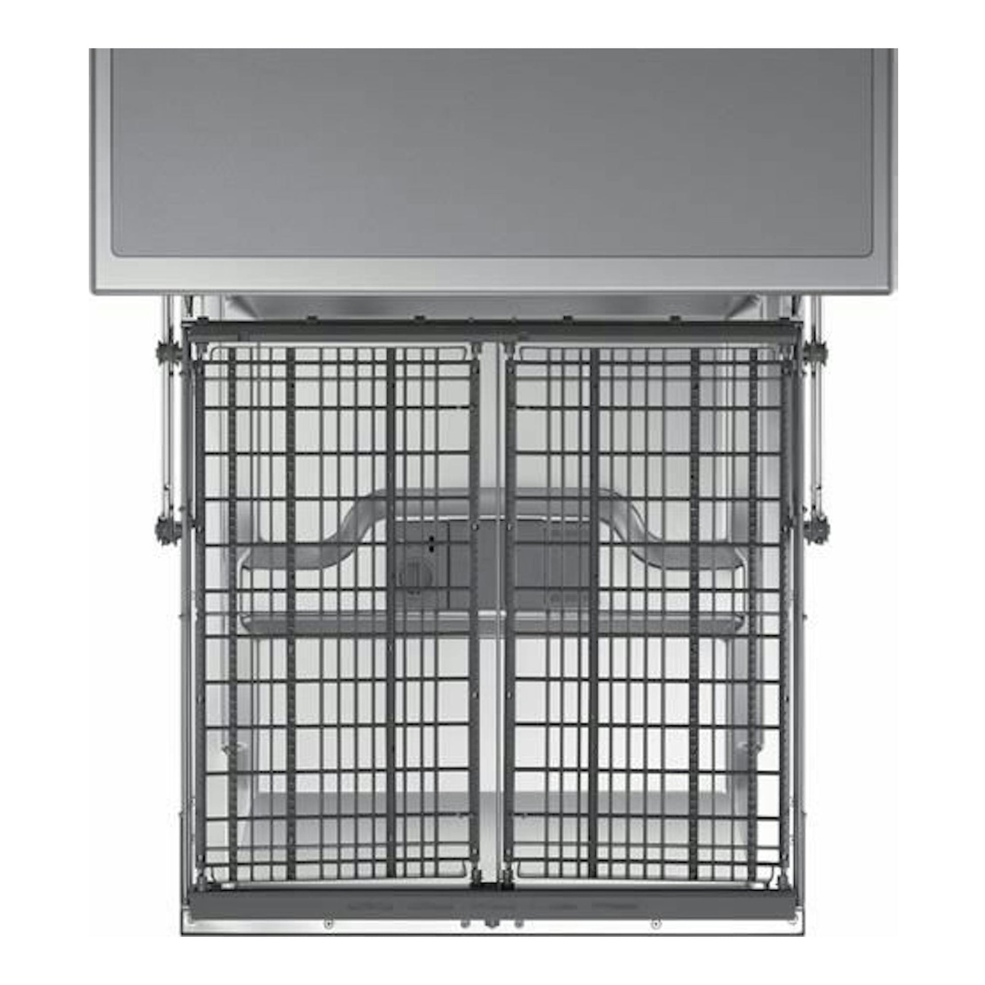 Samsung DW60M6050FS/EC, lavavajillas gris de 60 cm en vista frontal con la puerta abierta.