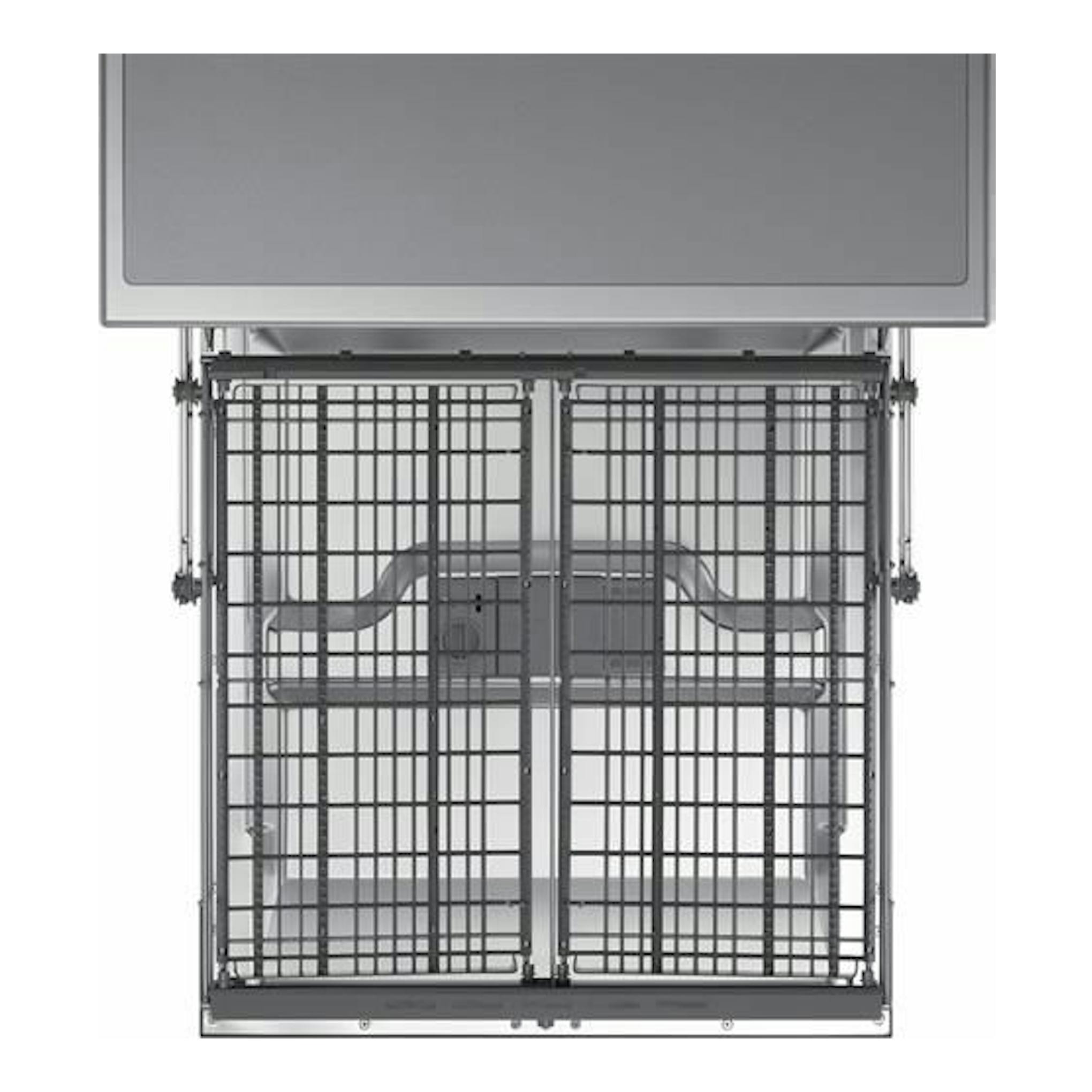 Samsung DW60M6050FS/EC, lavavajillas gris de 60 cm en vista frontal con la puerta abierta.