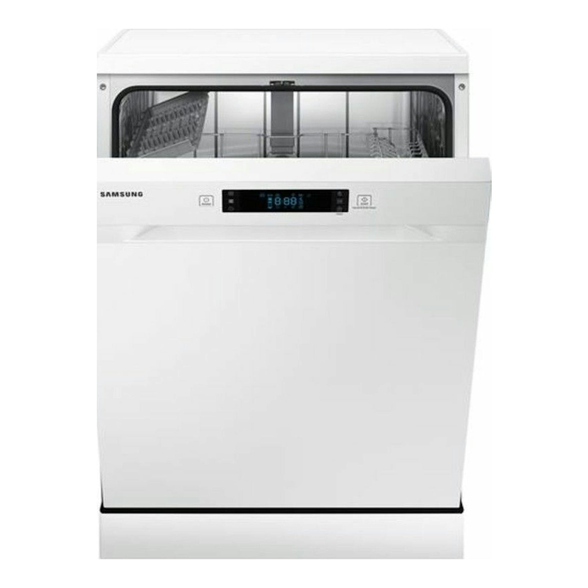 Lavavajillas Samsung DW60M6040FW/EC blanco, vista frontal, con la puerta abierta y la cesta superior visible.