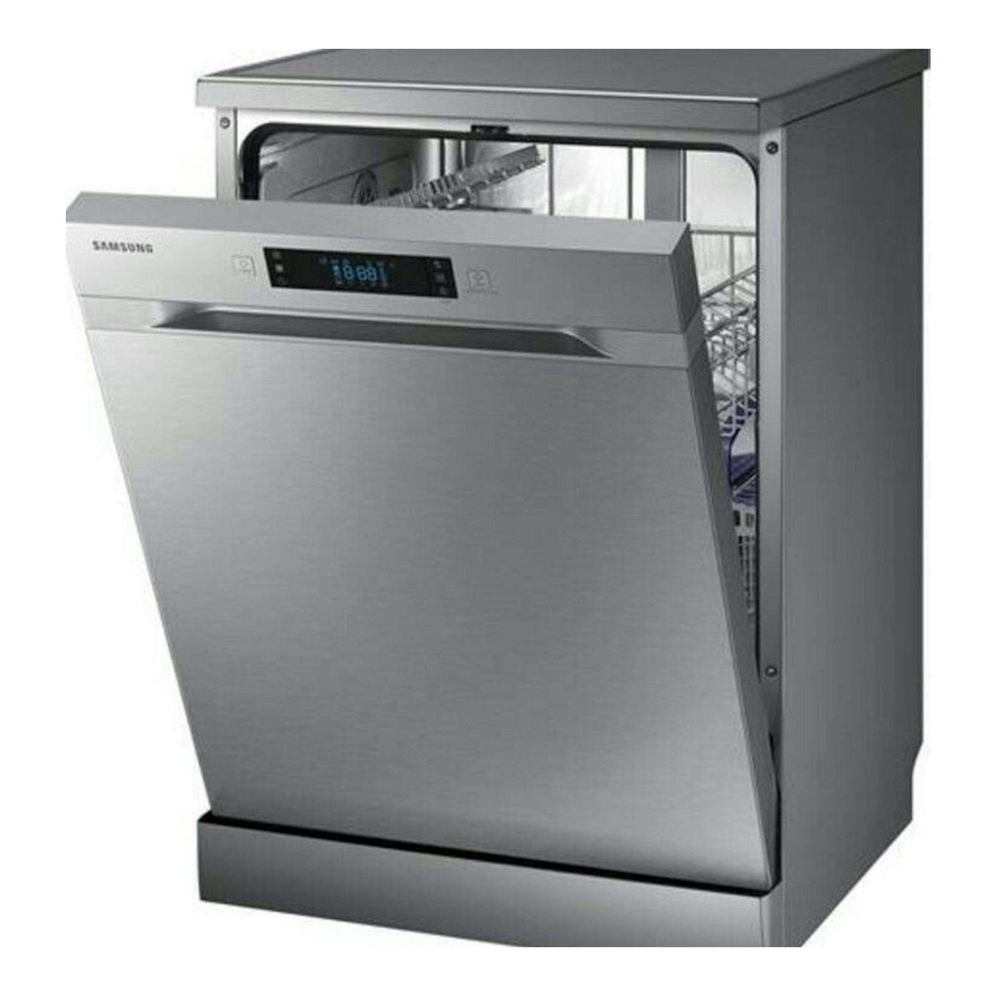 Lavavajillas Samsung DW60M6040FS/EC de acero inoxidable, vista frontal con la puerta entreabierta.