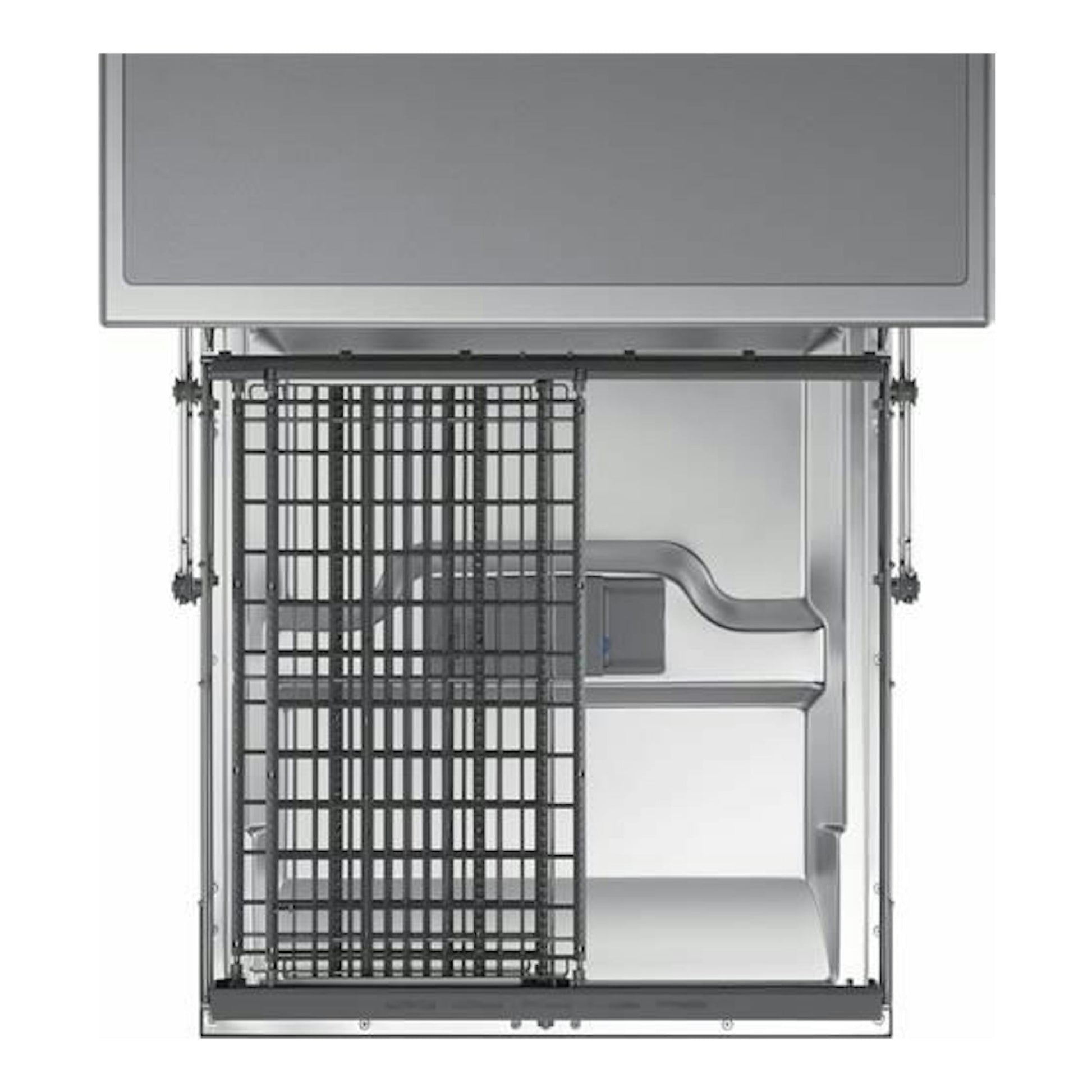 Lavavajillas Samsung DW60M6050FS/EC de 60 cm, vista frontal abierta, interior gris con cesta negra.