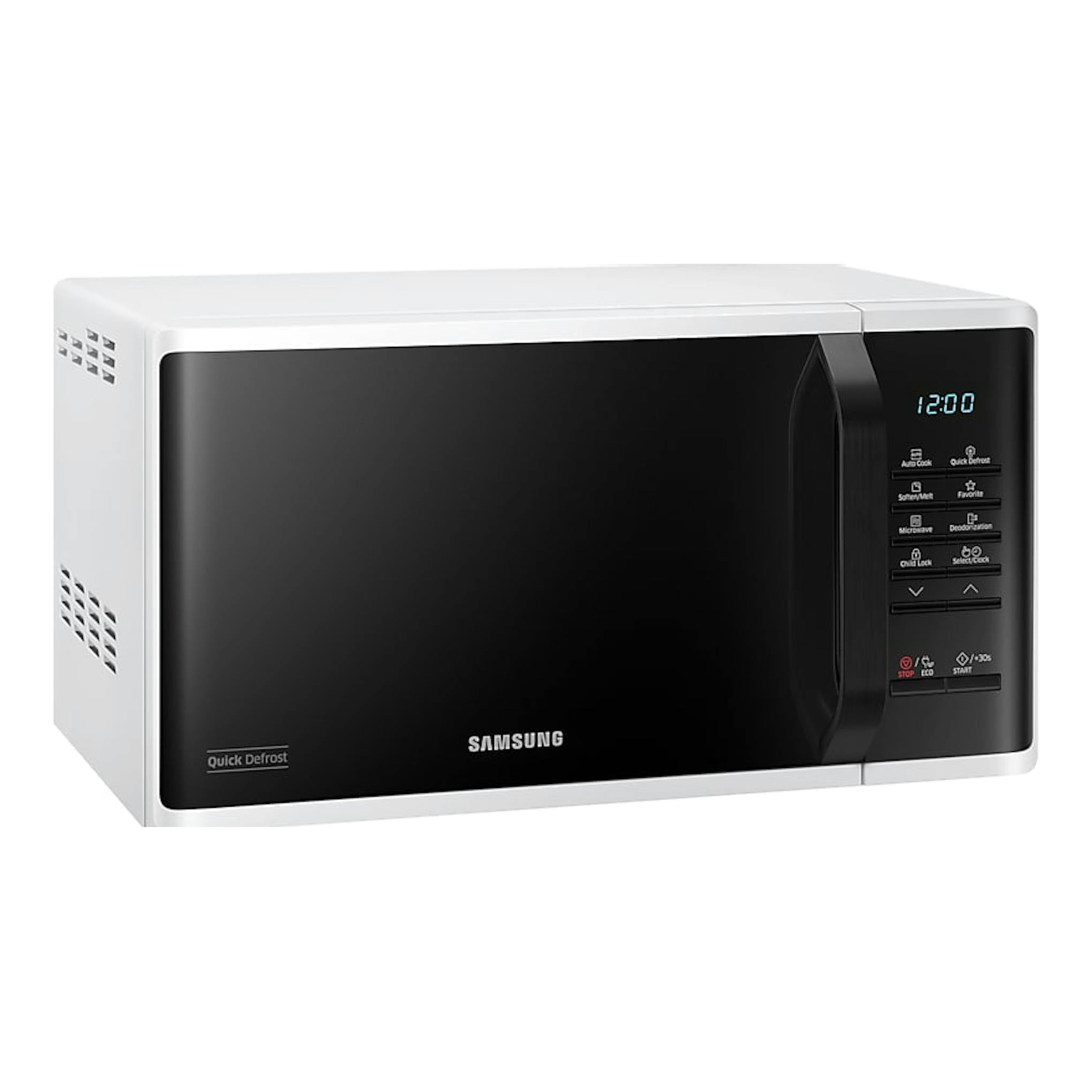 Microondas Samsung MS23K3513AW/EC blanco, vista frontal con puerta negra y panel digital.