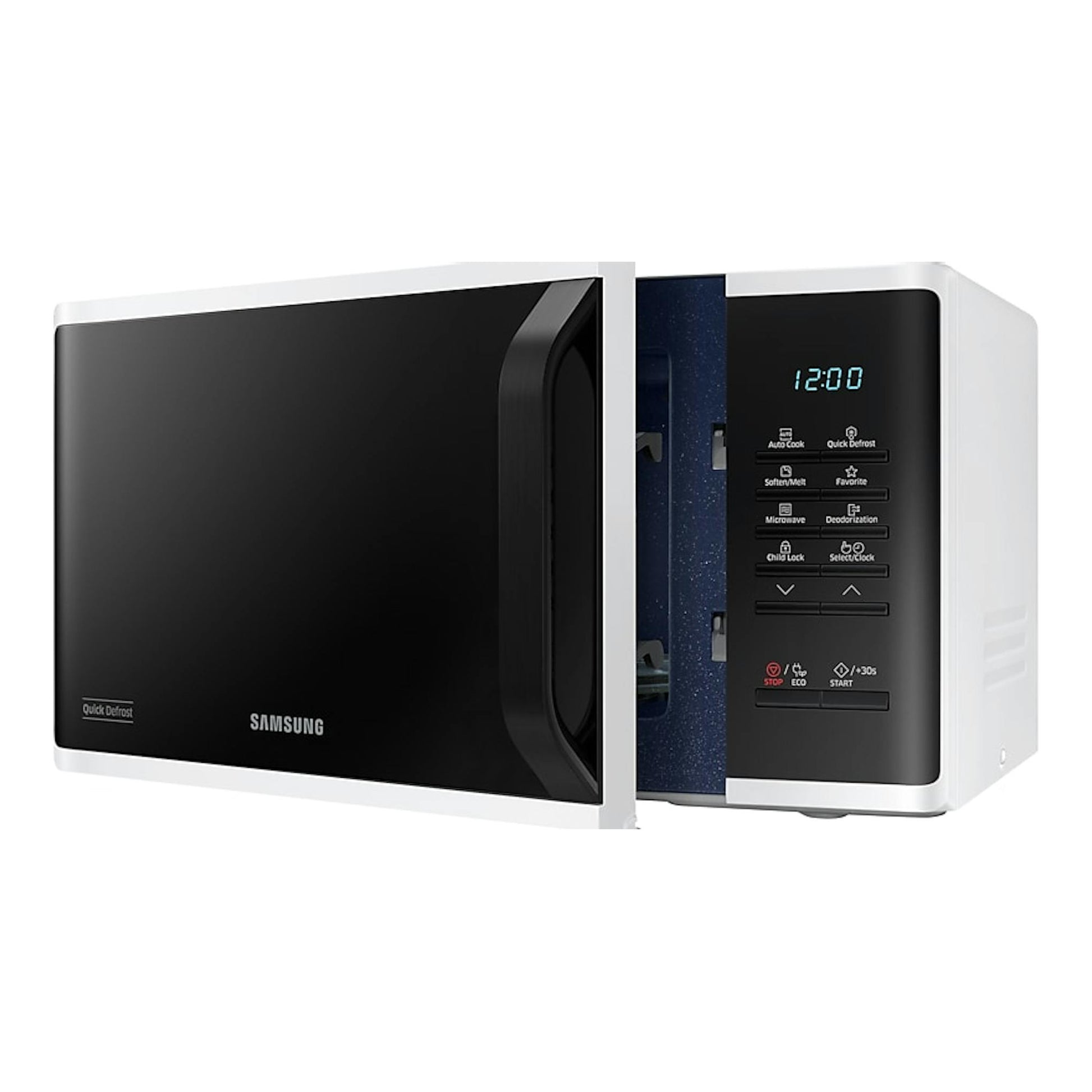 Microondas Samsung MS23K3513AW/EC blanco, vista frontal en tres cuartos, con puerta negra abierta y panel digital.