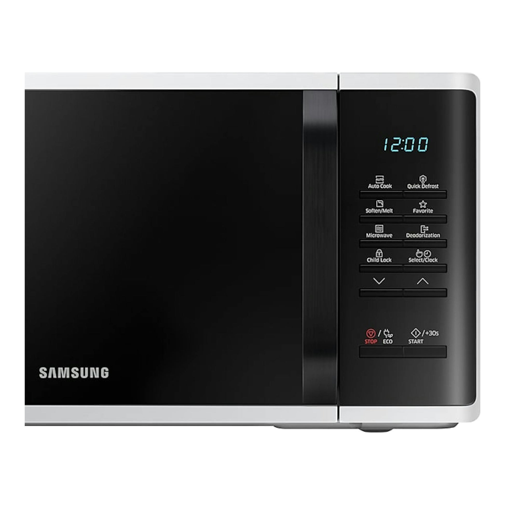 Microondas Samsung MS23K3513AW/EC, vista frontal, puerta negra y panel de control derecho en gris.