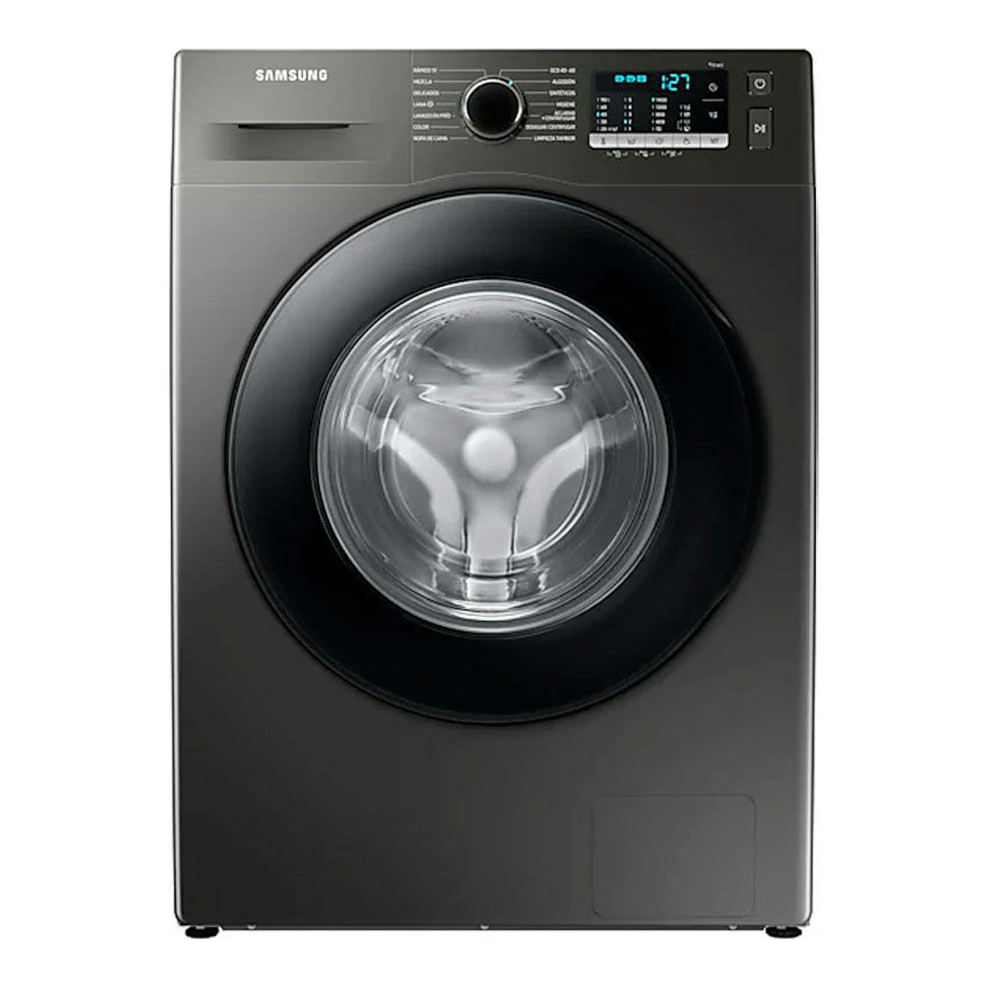 Lavadora Samsung WW90TA046AX/EC negra, vista frontal con puerta redonda y panel digital superior.