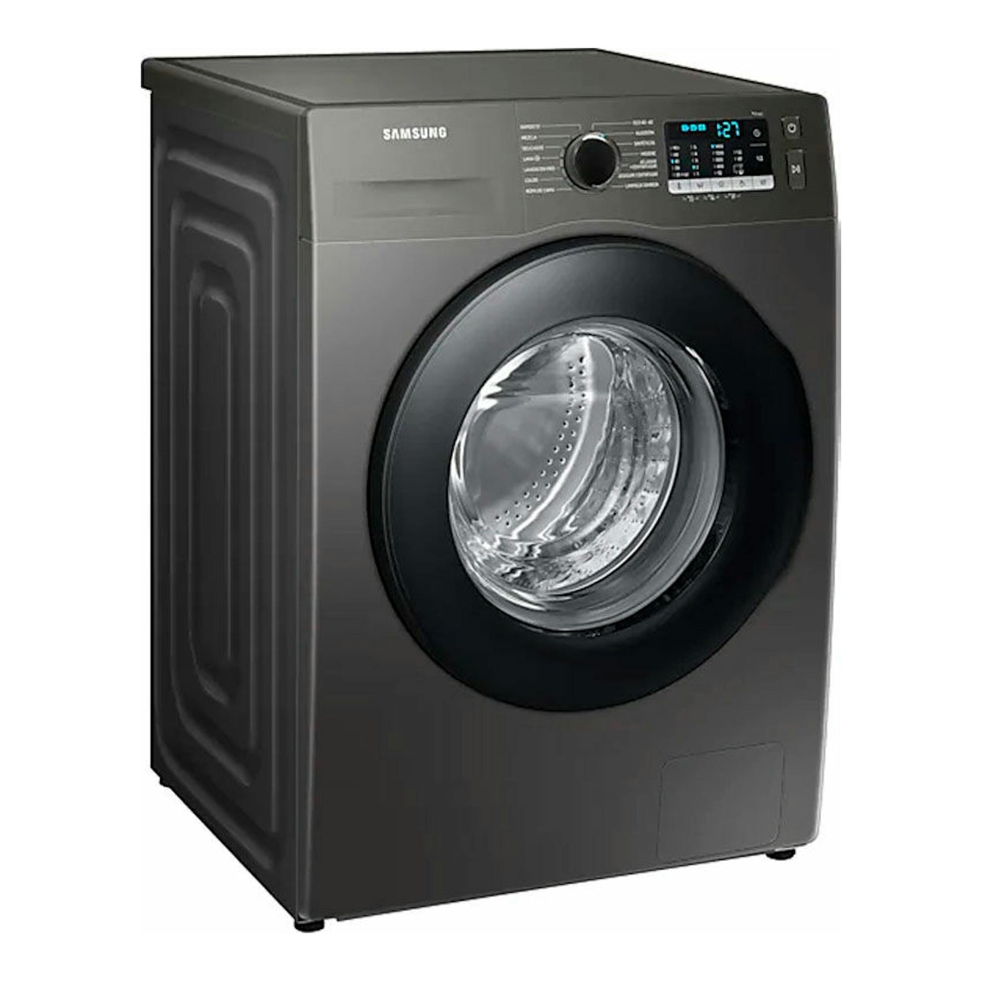 Lavadora frontal Samsung WW90TA046AX/EC, color gris oscuro y negro, vista en ángulo frontal izquierdo.