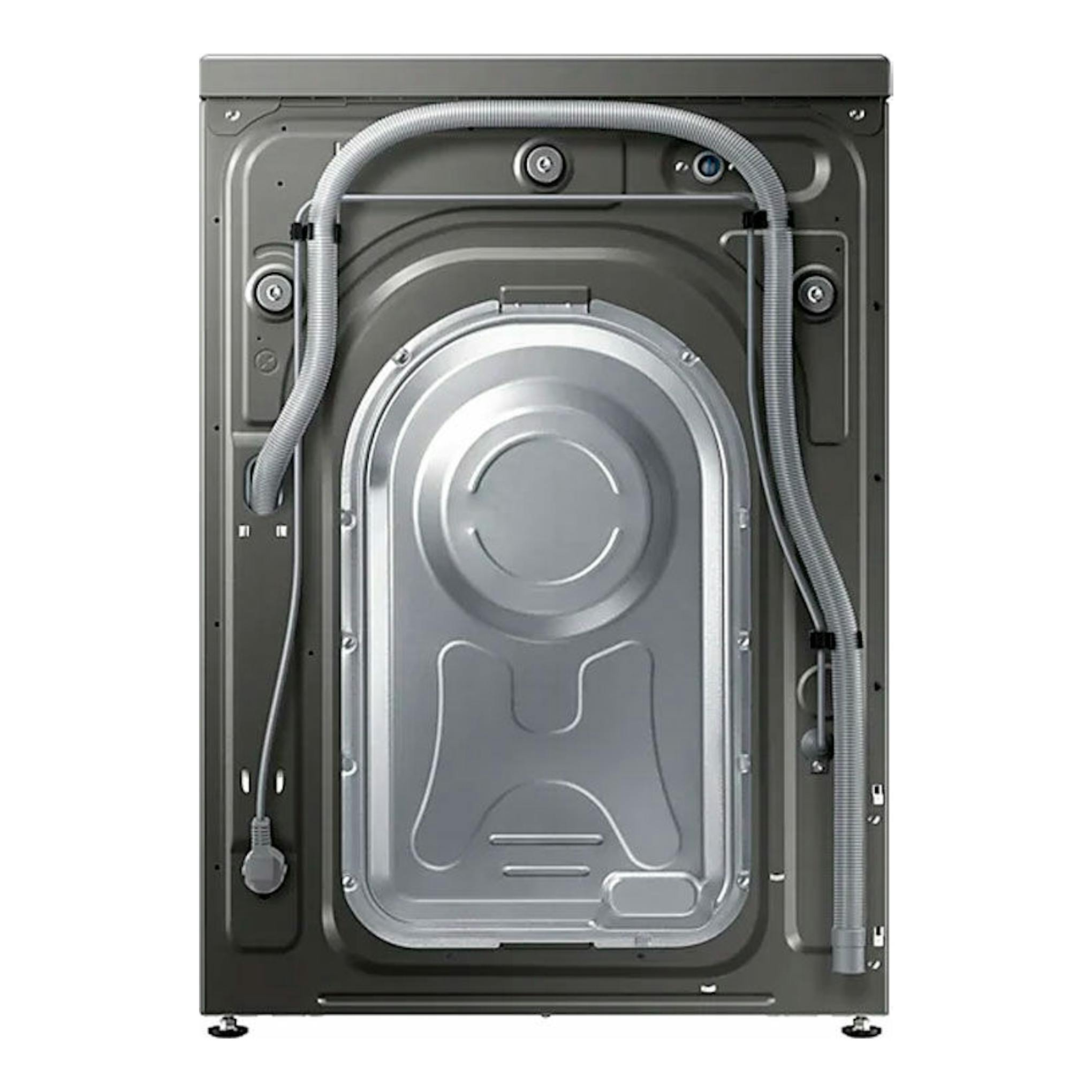 Lavadora Samsung WW90TA046AX/EC vista trasera, color gris, con mangueras y panel metálico.