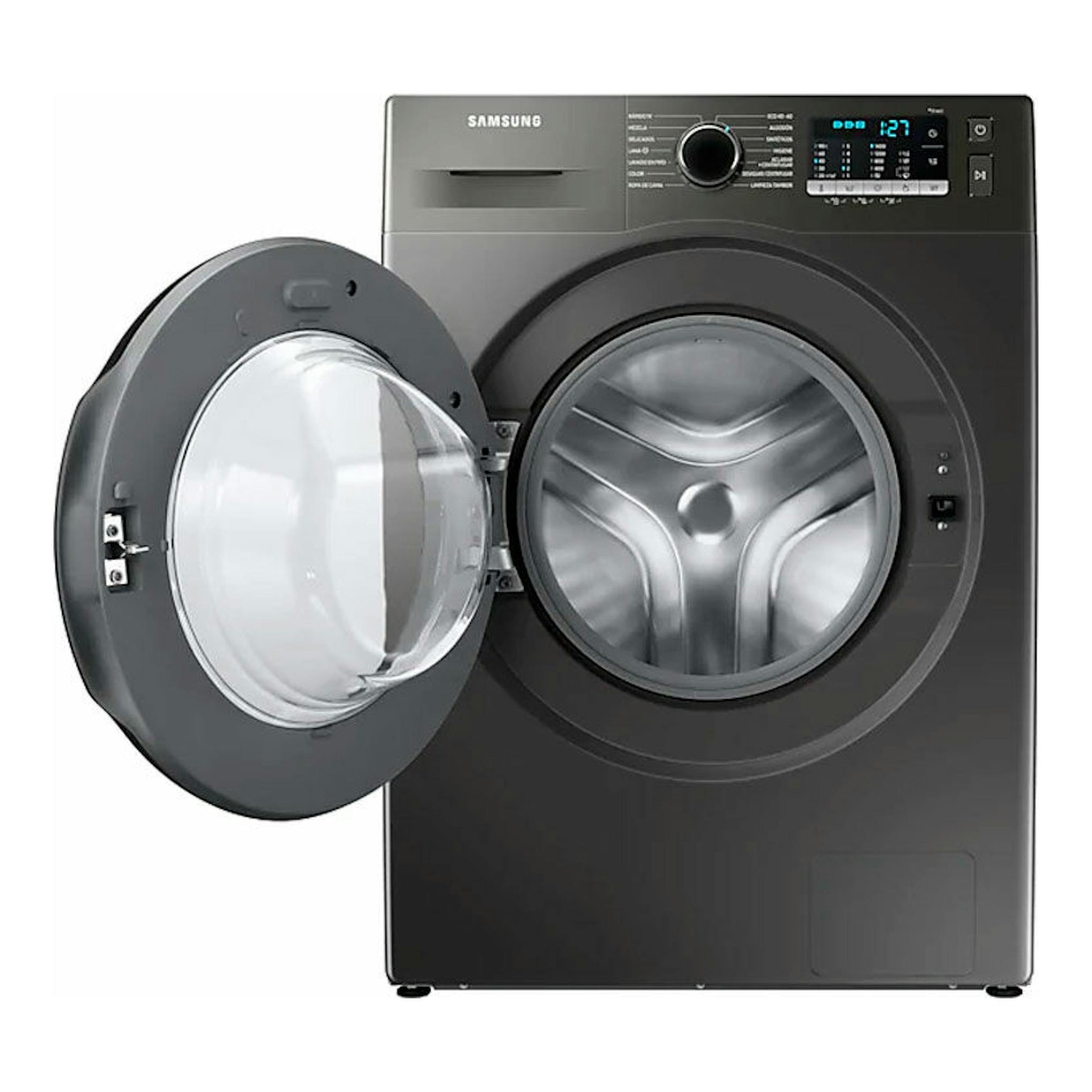 Lavadora Samsung WW90TA046AX/EC gris oscuro, vista frontal, con la puerta abierta.