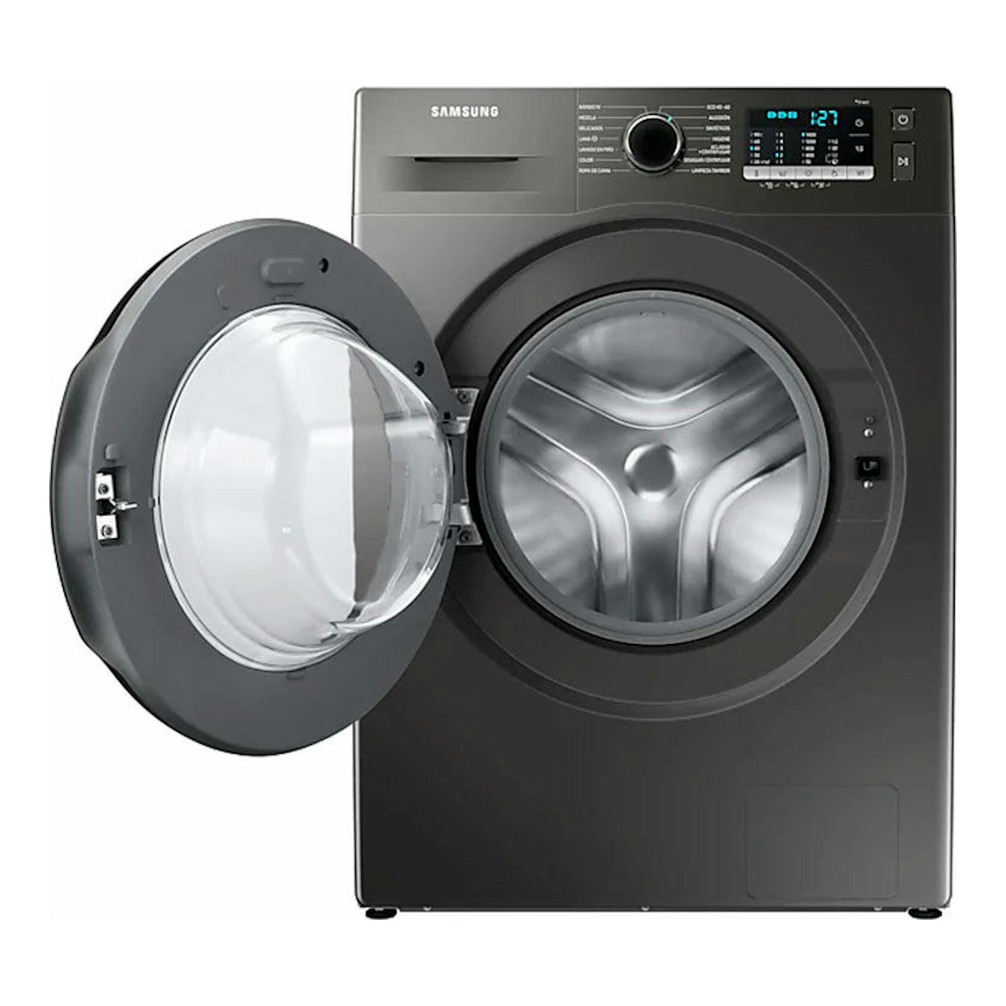 Lavadora Samsung WW90TA046AX/EC gris oscuro, vista frontal, con la puerta abierta.