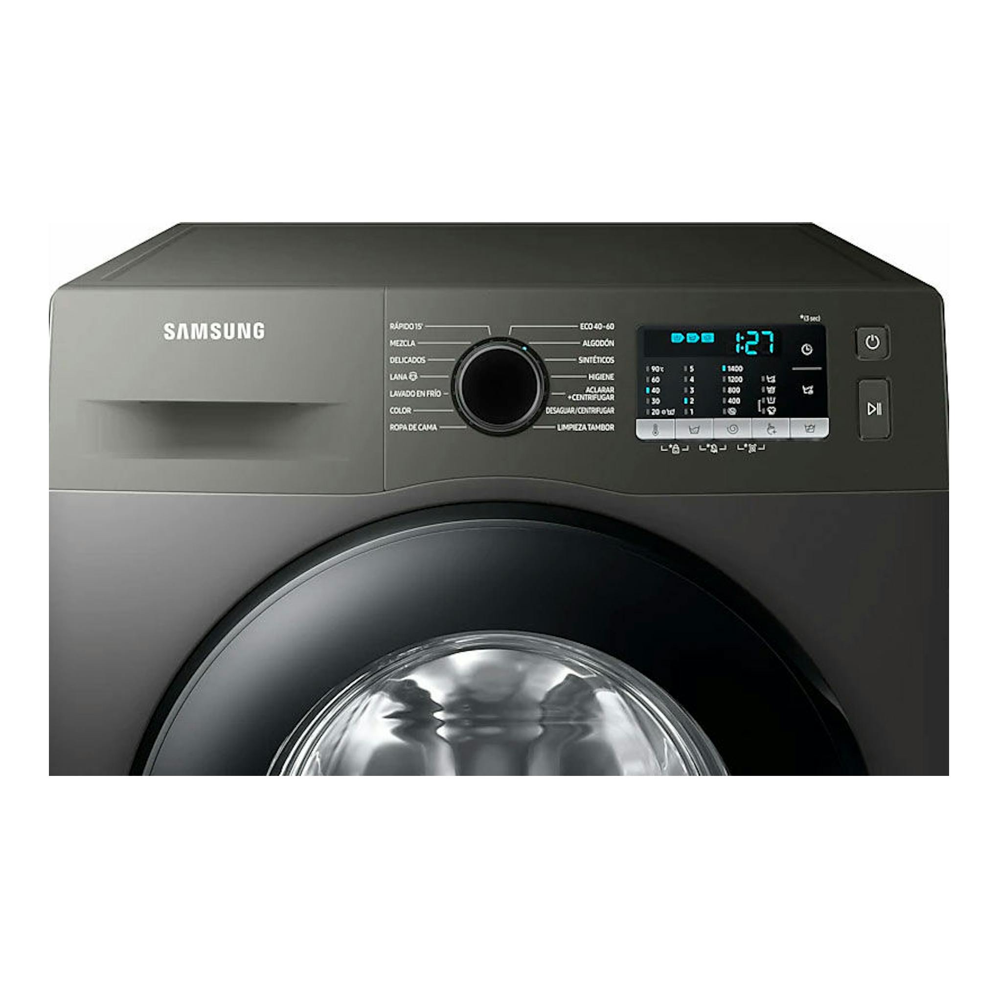 Lavadora frontal Samsung WW90TA046AX/EC en gris oscuro, vista frontal con puerta circular y panel digital.