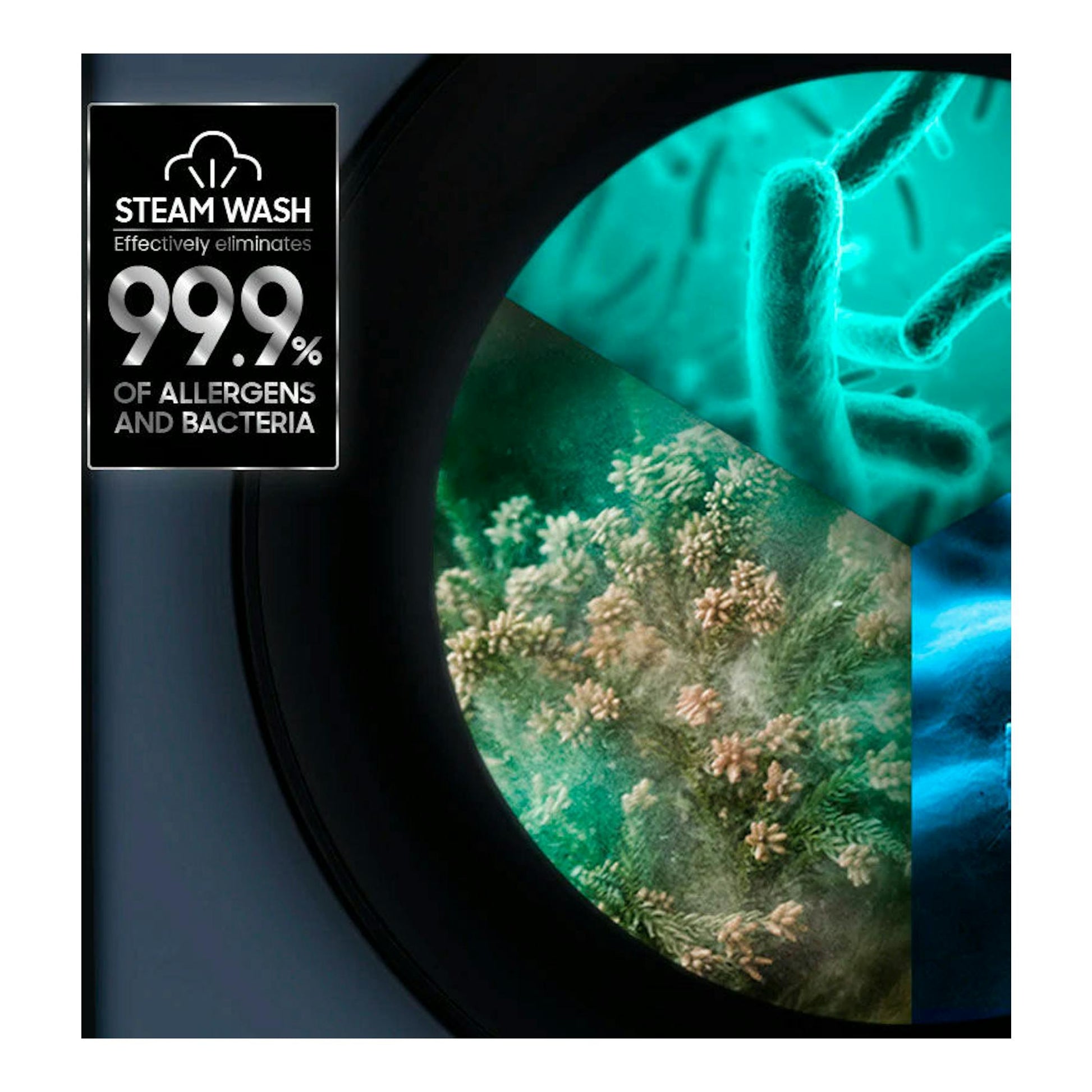 Samsung WW90TA046AX/EC, primer plano del ojo de la lavadora con gráfico de Steam Wash y 99,9% de alérgenos.