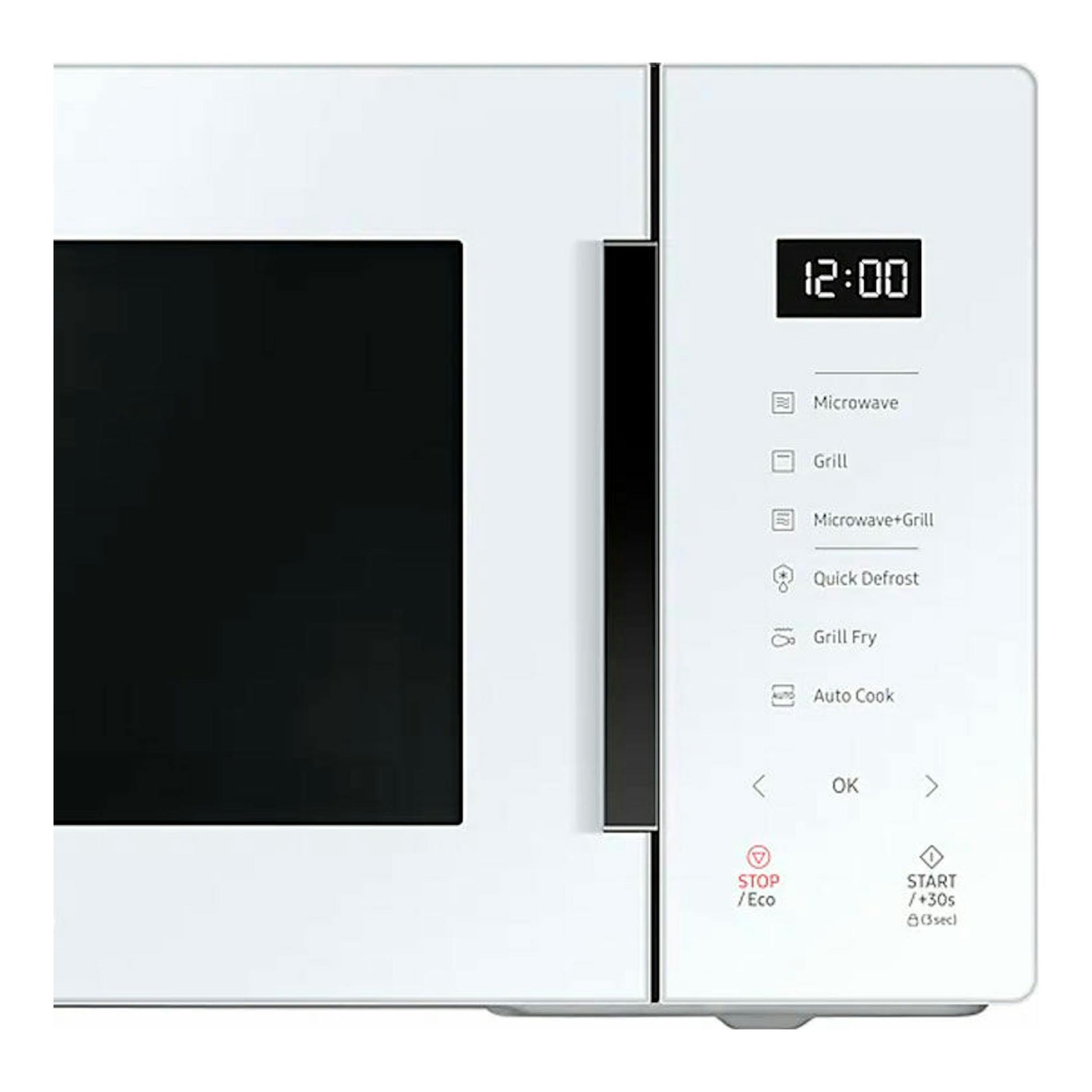 Microondas Samsung MG23T5018CW/EC blanco, vista frontal, con puerta negra y panel digital con hora 12:00.