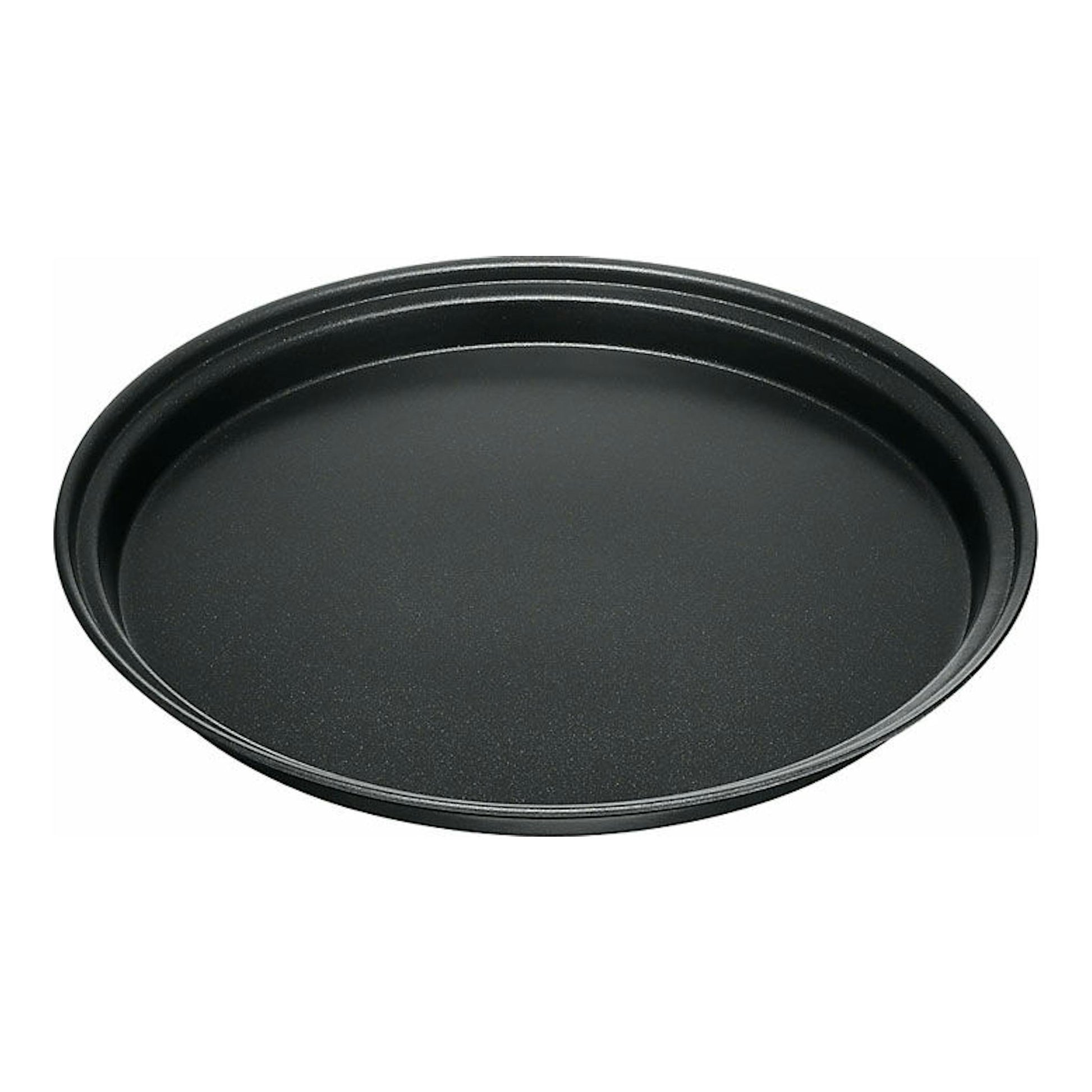 Bandeja redonda negra, vista superior, con borde elevado sobre fondo blanco.