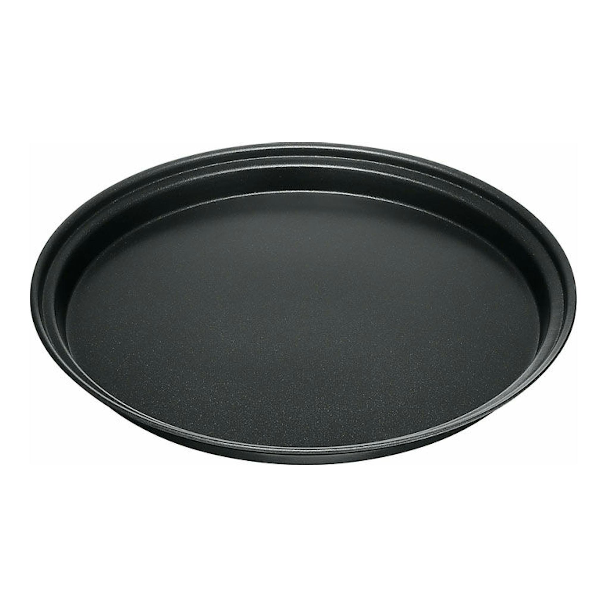 Bandeja redonda negra, vista superior, con borde elevado sobre fondo blanco.