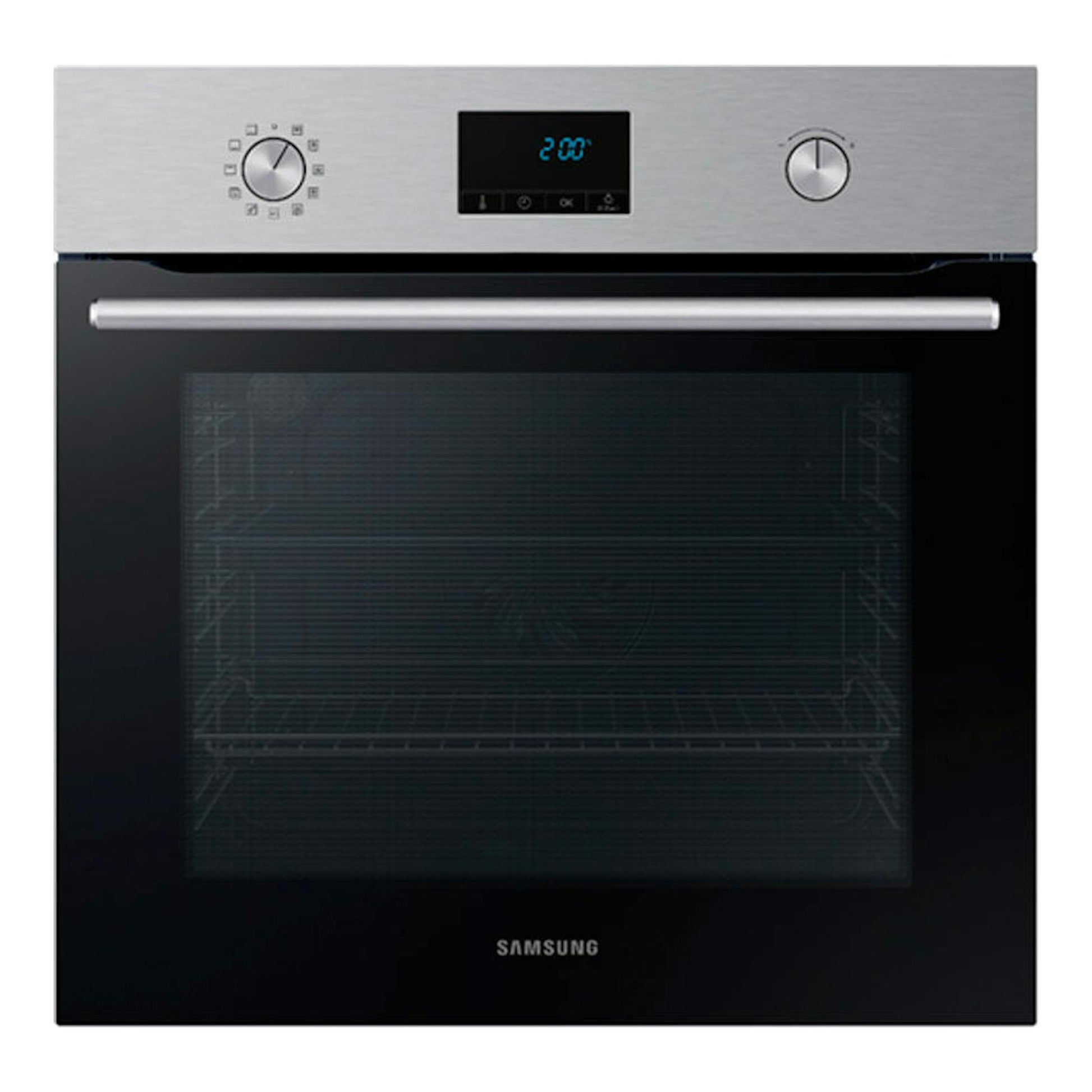 Horno Samsung NV68A1170BS/EC inox, vista frontal, con puerta negra y panel superior plateado.
