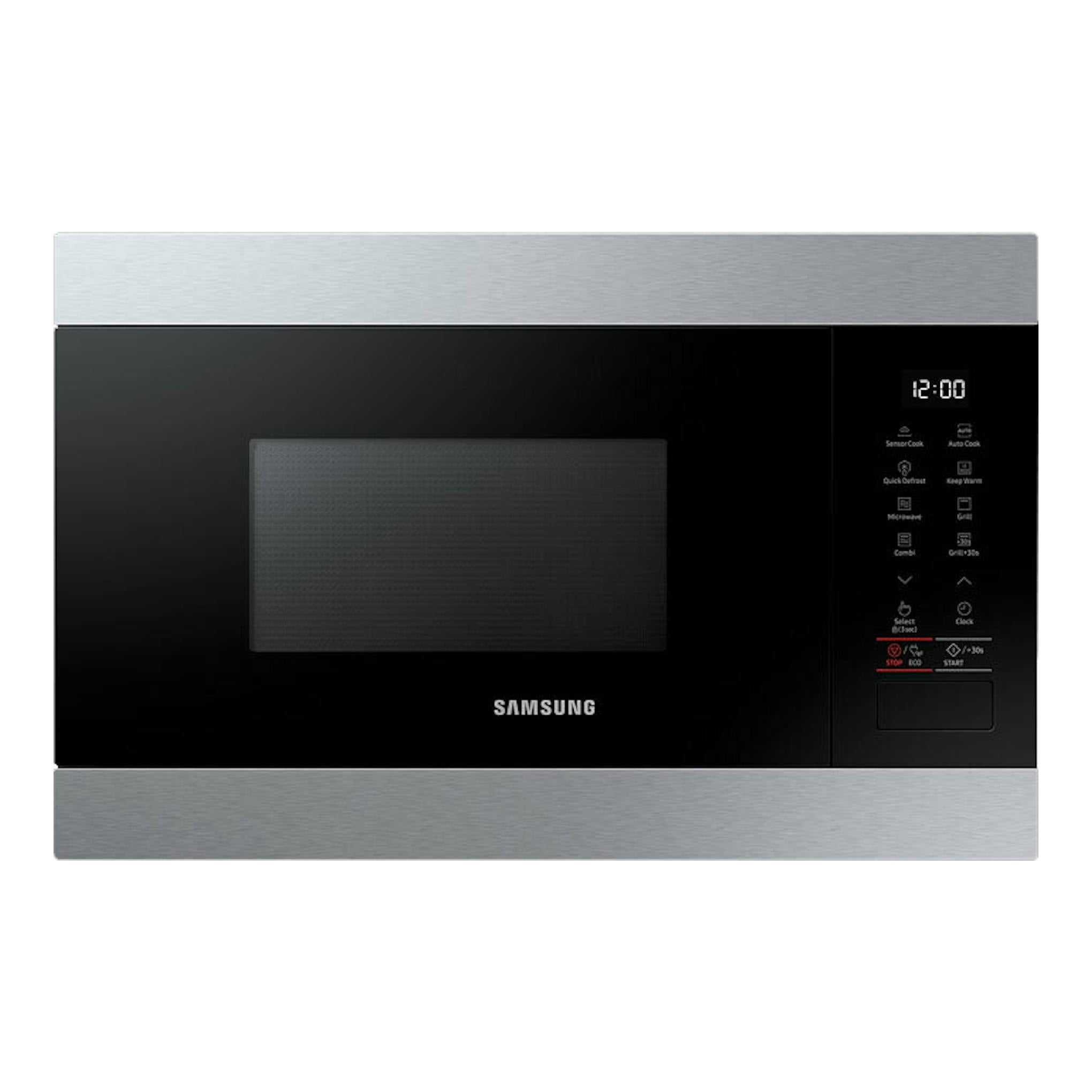 Microondas Samsung MG22M8274CT/EC inox, vista frontal, puerta negra y panel de control digital a la derecha.