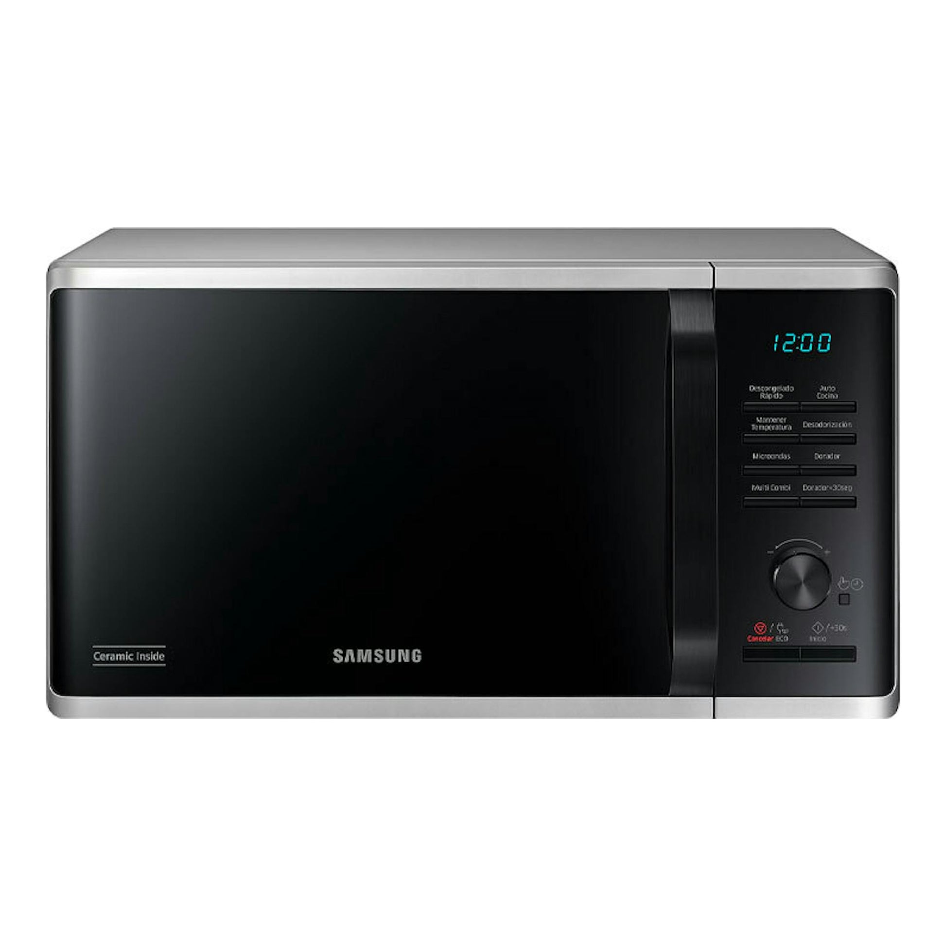 Microondas Samsung MG23K3515AS/EC inox, vista frontal, puerta negra y panel digital derecho.