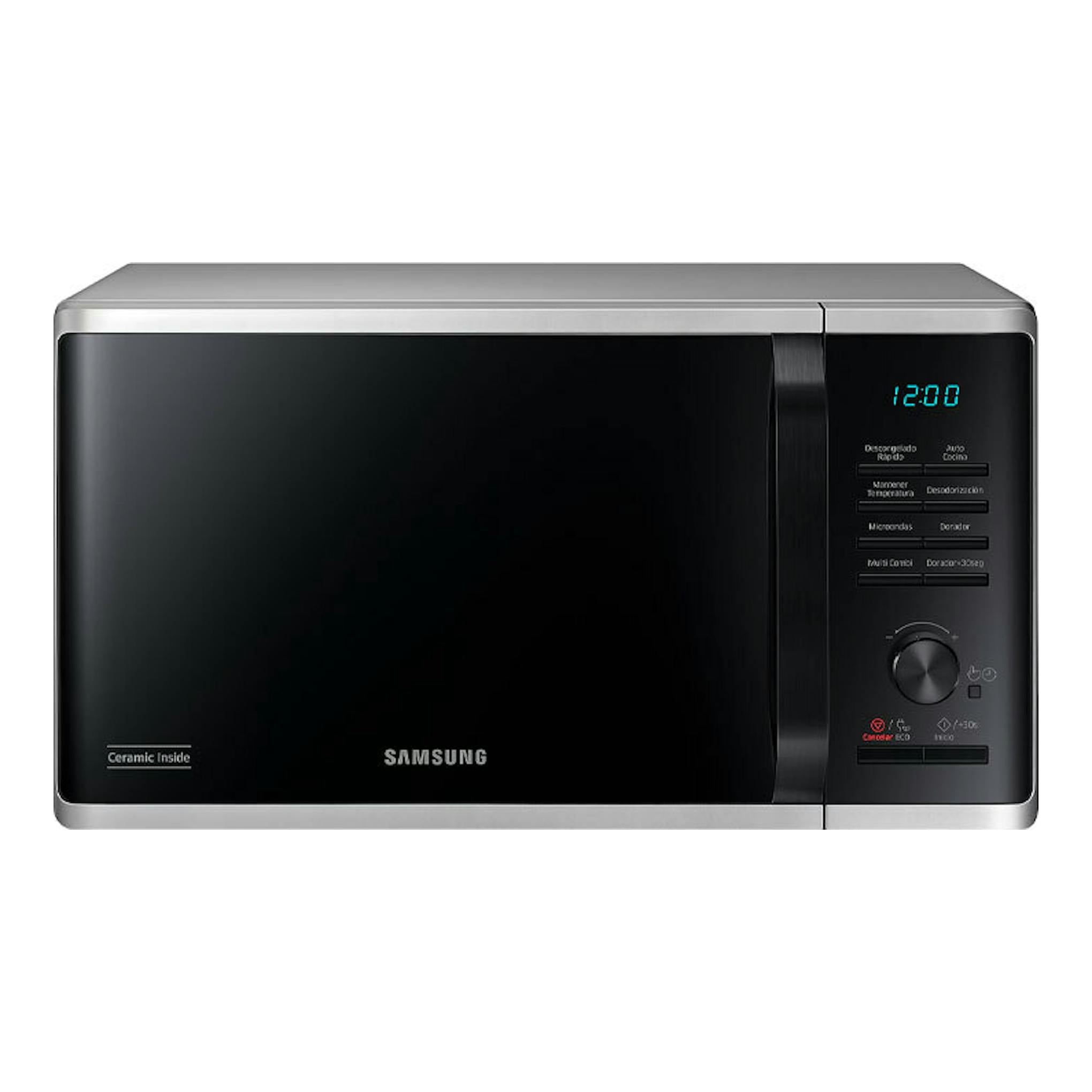 Microondas Samsung MG23K3515AS/EC inox, vista frontal, puerta negra y panel digital derecho.
