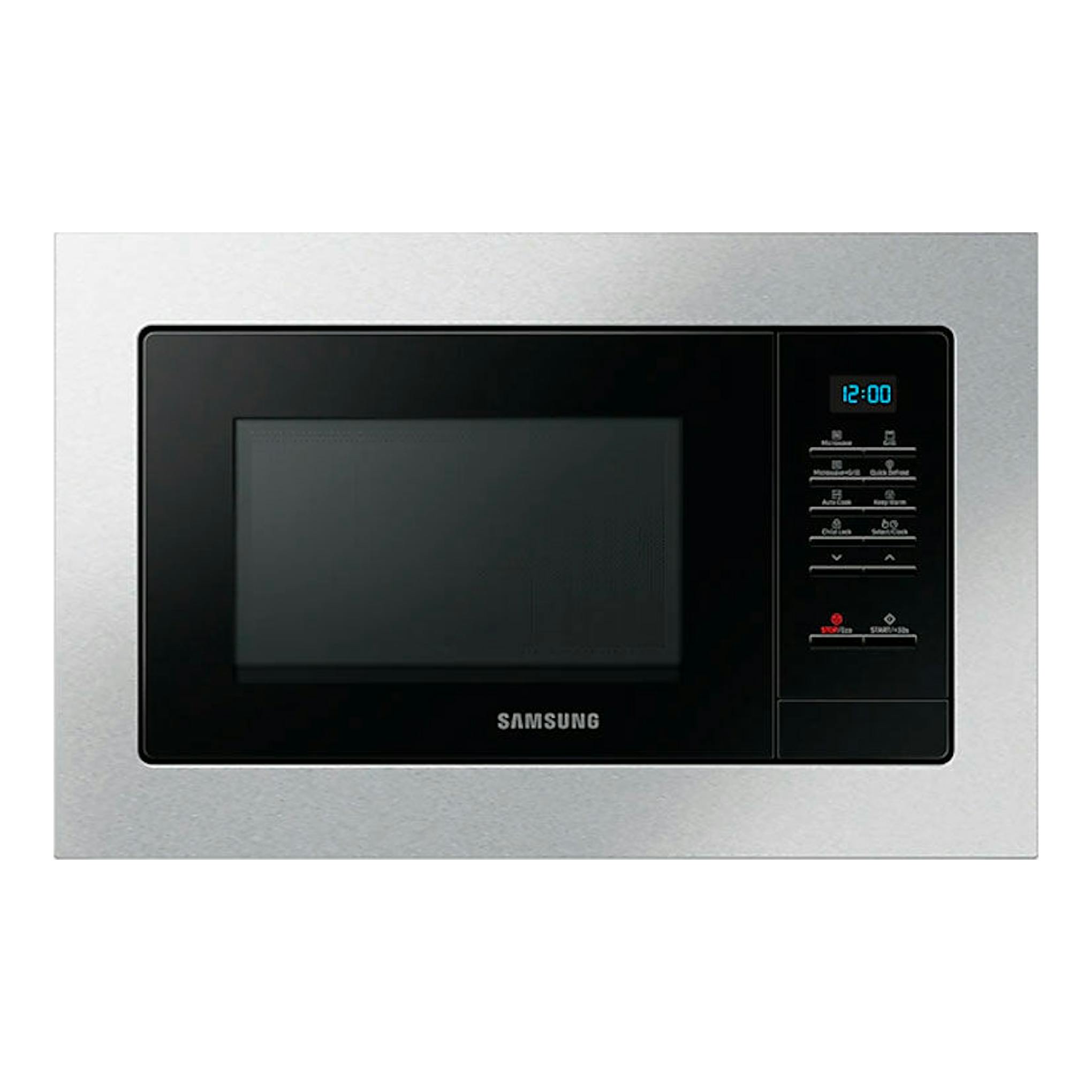 Microondas Samsung MG23A7013CT/EC inox, vista frontal empotrada con puerta negra y panel digital.