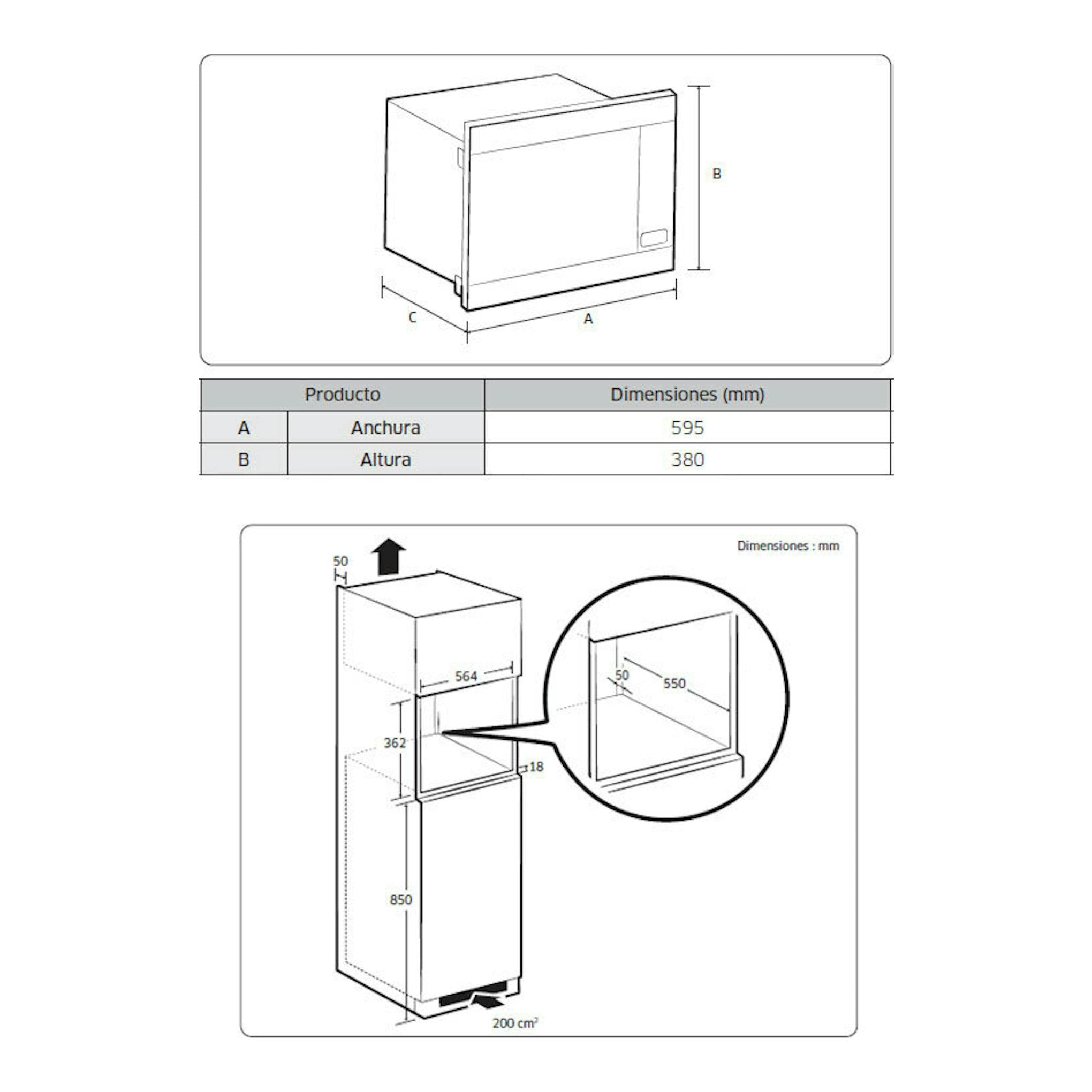 Diagrama técnico del microondas Samsung MG22M8274CT/EC inox, vista frontal y de instalación con medidas en mm.