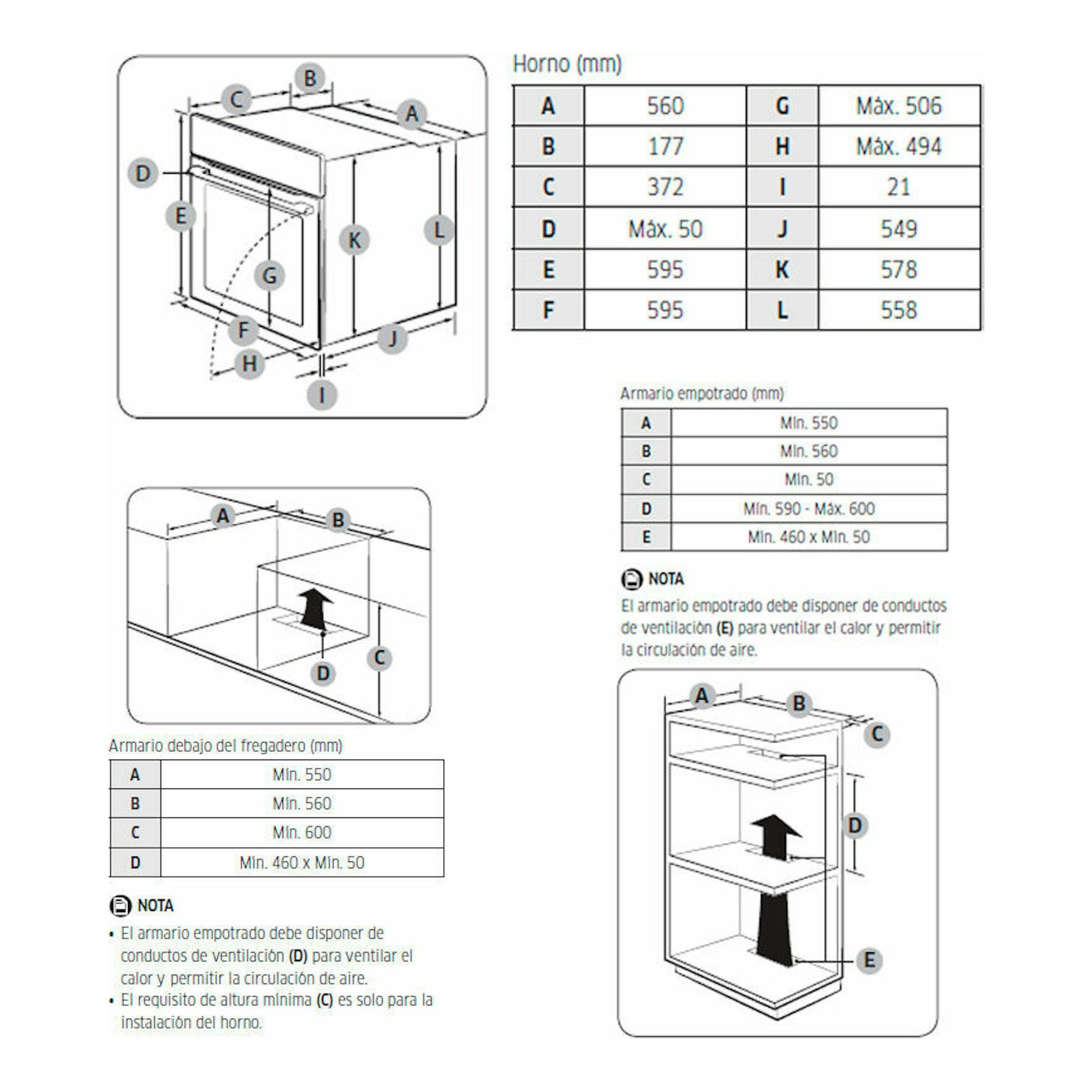 Samsung NV68A1170BS/EC: diagrama de medidas de instalación de horno inox y armario empotrado.