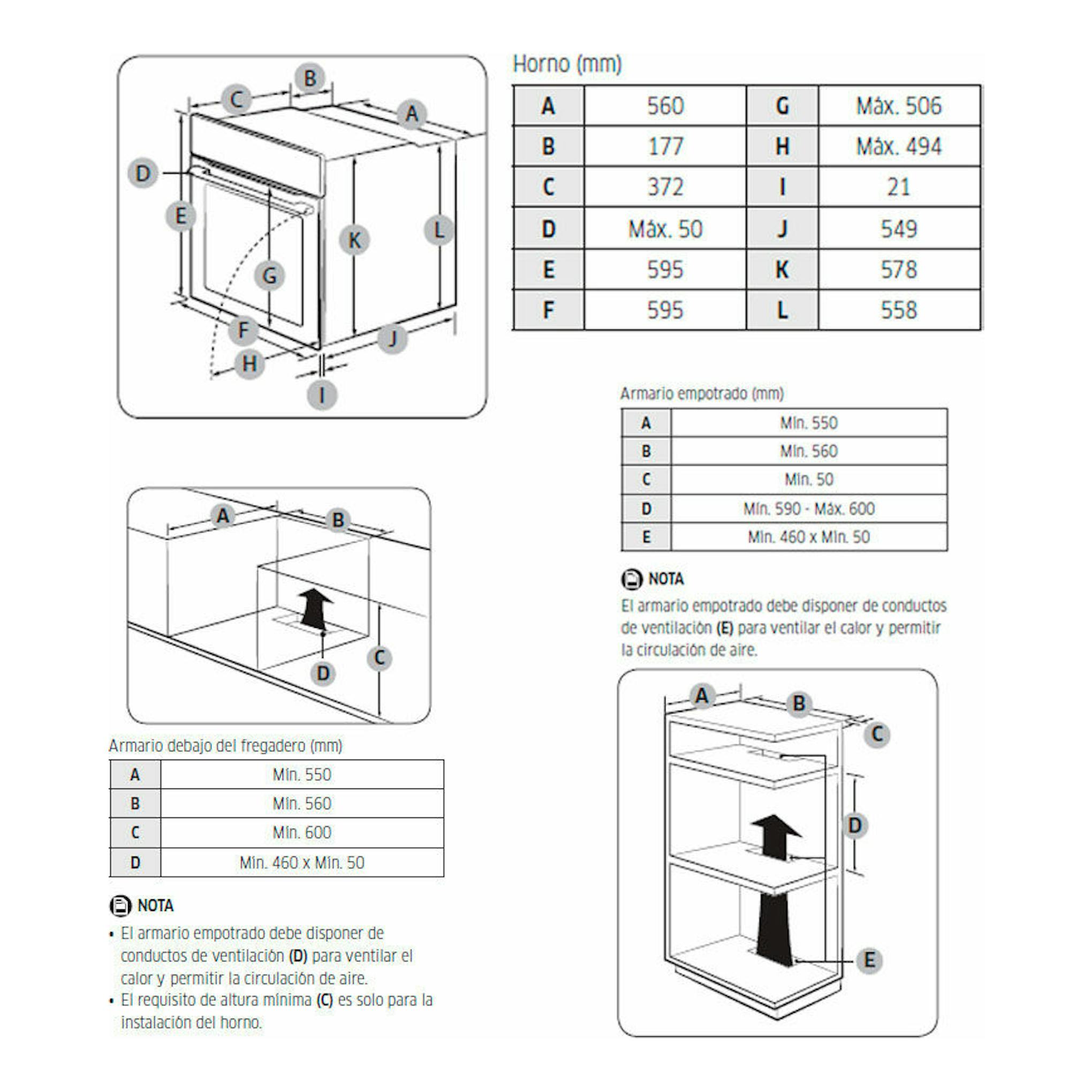 Samsung NV68A1170BS/EC: diagrama de medidas de instalación de horno inox y armario empotrado.