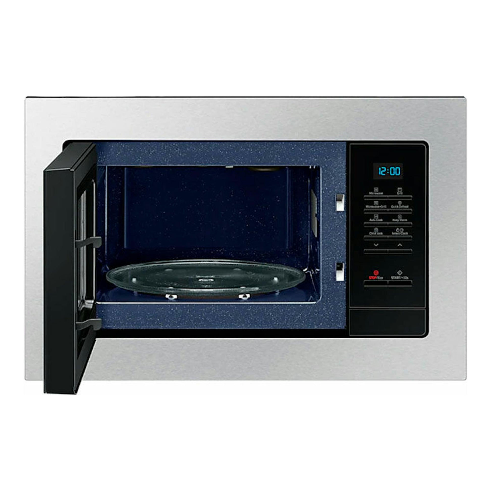 Microondas Samsung MG23A7013CT/EC inox, vista frontal con la puerta abierta y panel digital a la derecha.