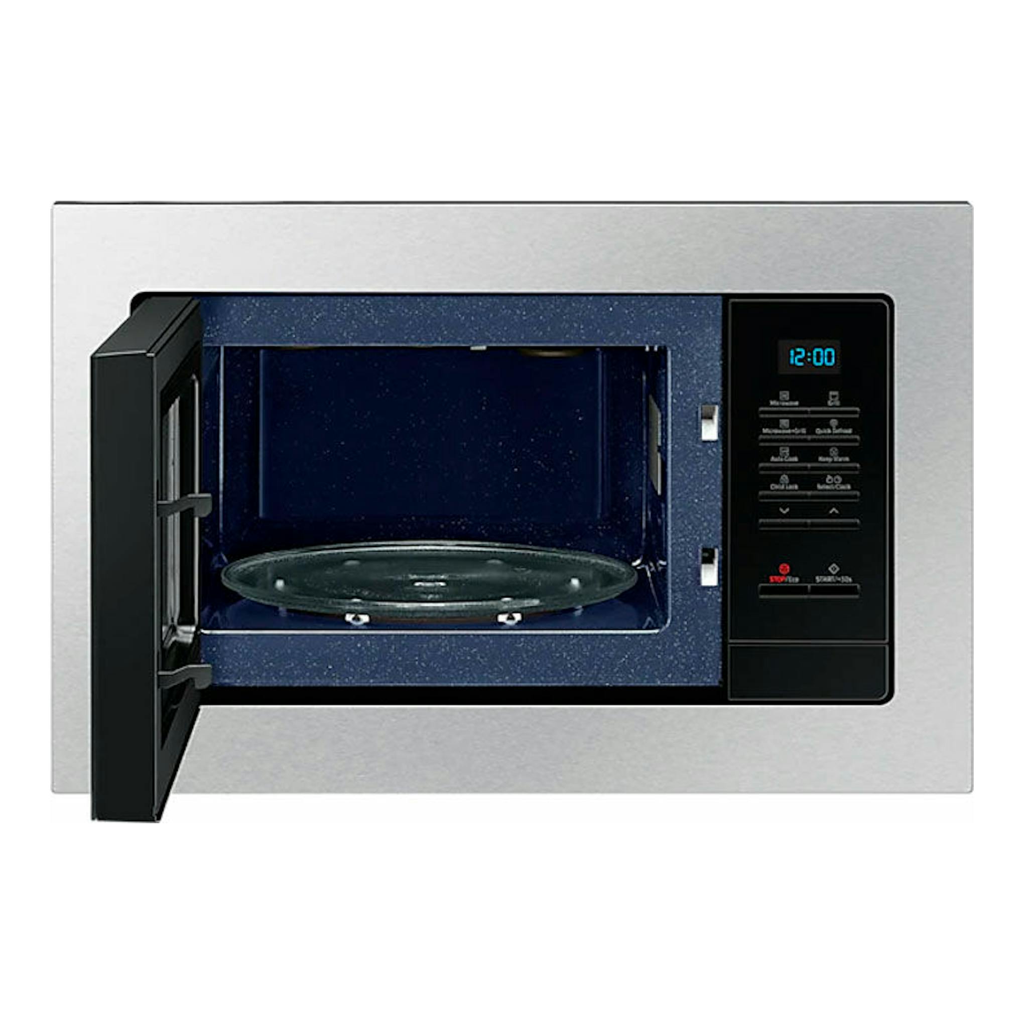 Microondas Samsung MG23A7013CT/EC inox, vista frontal con la puerta abierta y panel digital a la derecha.