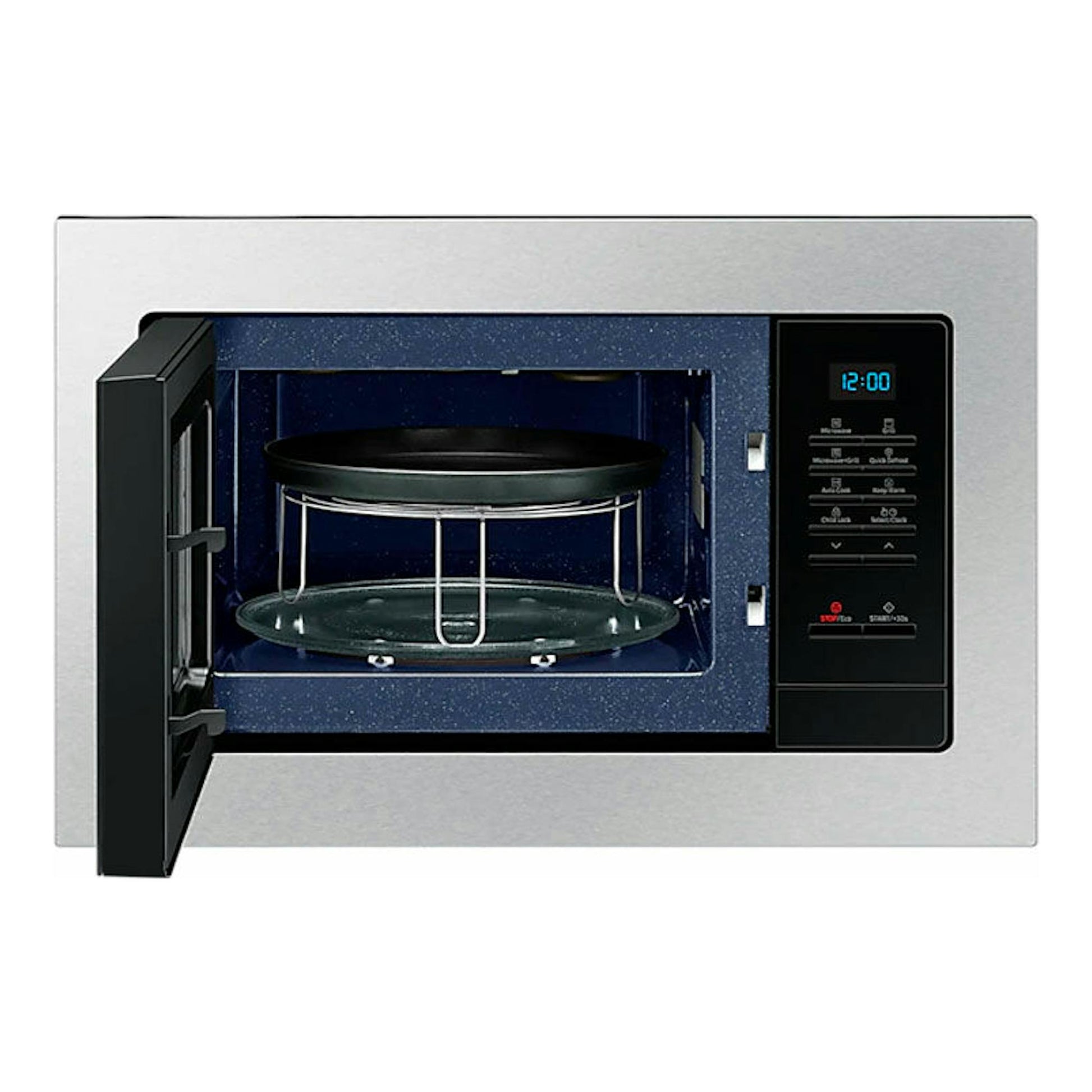 Microondas Samsung MG23A7013CT/EC inox, vista frontal con puerta abierta, interior azul y panel negro.