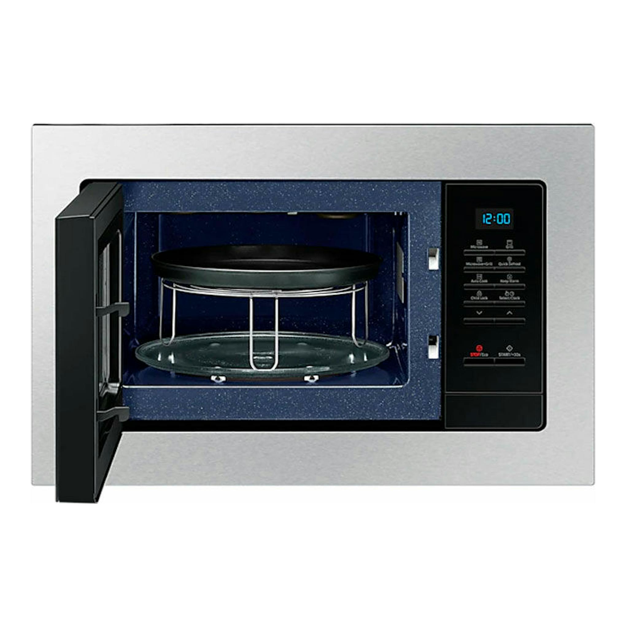Microondas Samsung MG23A7013CT/EC inox, vista frontal con puerta abierta, interior azul y panel negro.
