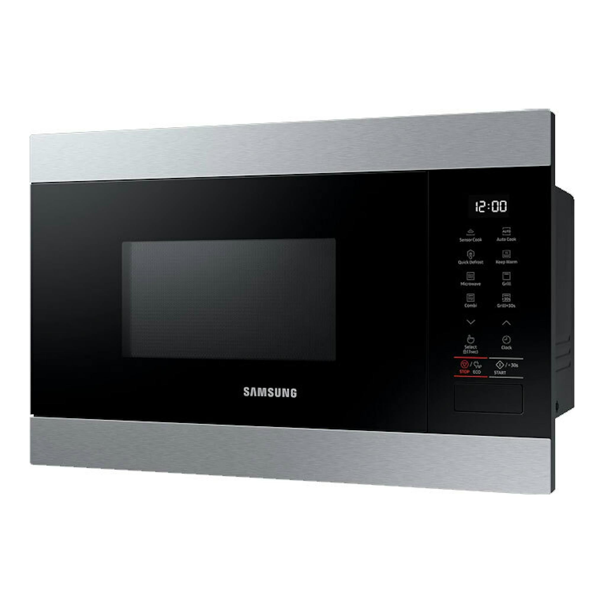 Microondas Samsung MG22M8274CT/EC en acero inox y negro, vista frontal, con panel digital a la derecha.