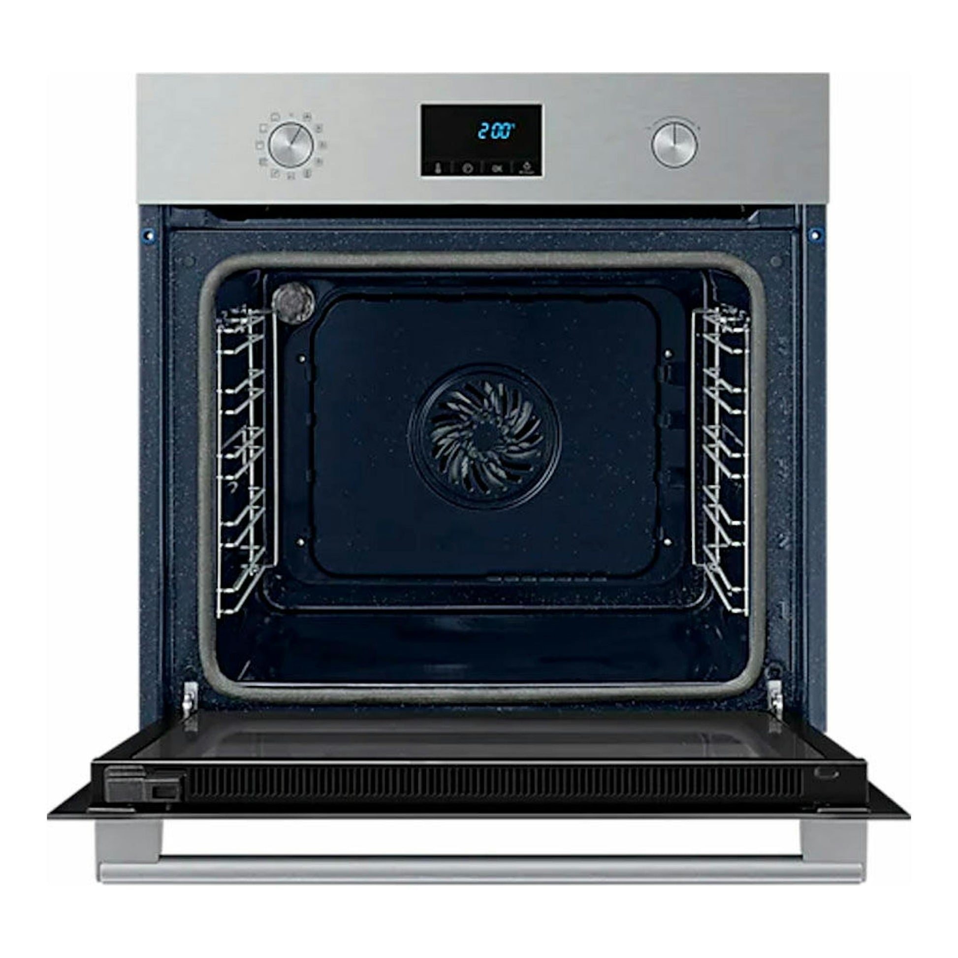 Horno Samsung NV68A1170BS/EC inox, vista frontal con puerta abatible abierta e interior negro.