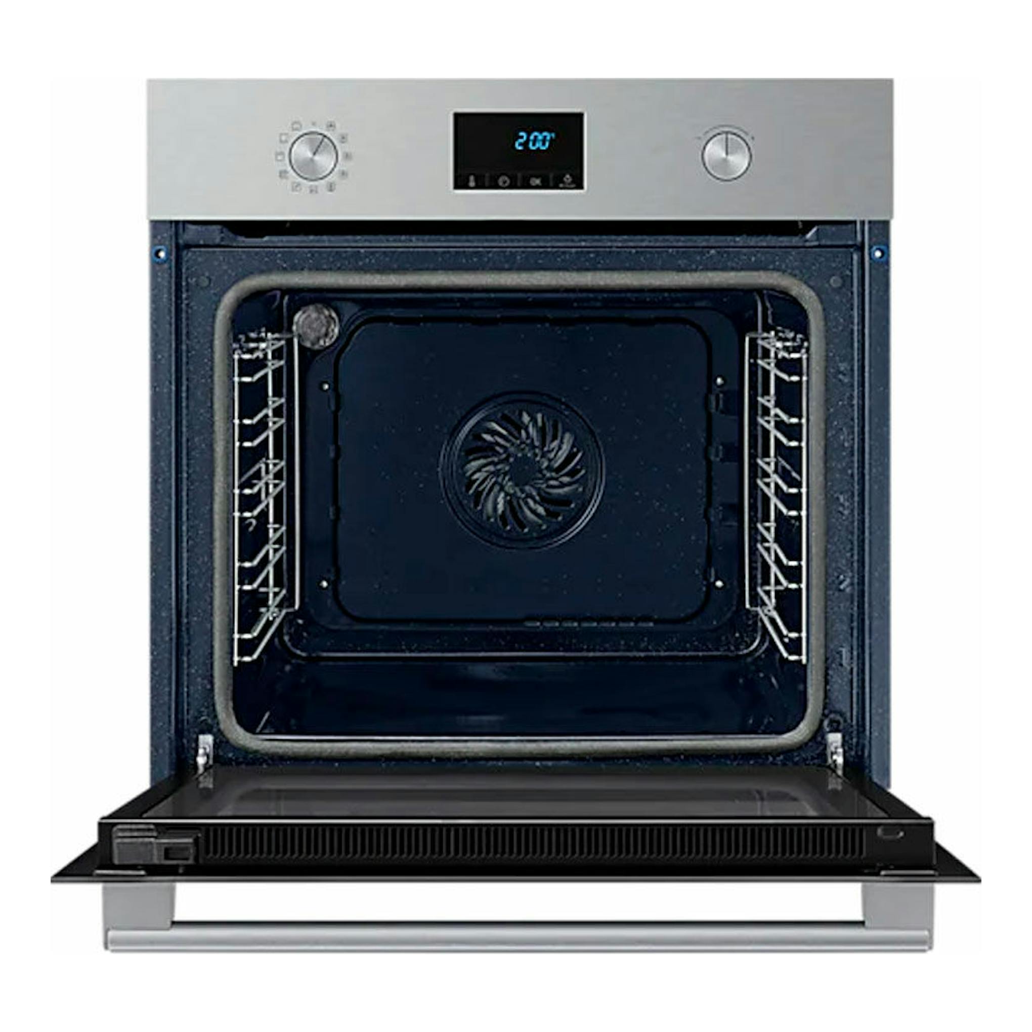Horno Samsung NV68A1170BS/EC inox, vista frontal con puerta abatible abierta e interior negro.