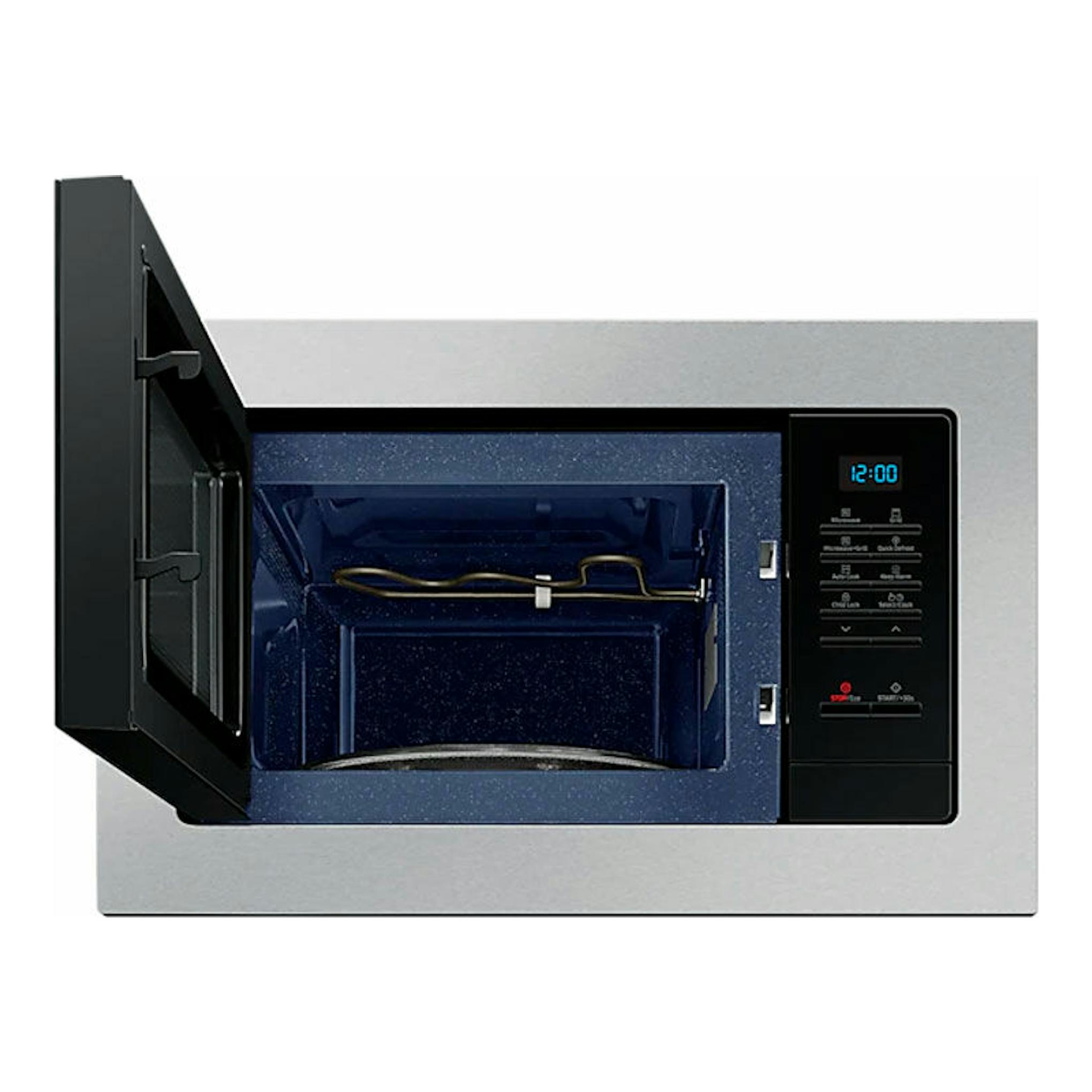 Microondas Samsung MG23A7013CT/EC inox, vista frontal con puerta abierta y panel digital negro.