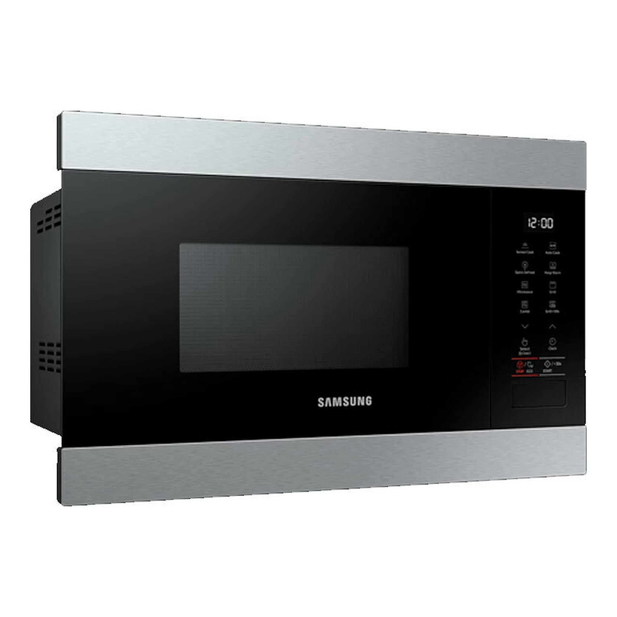Microondas Samsung MG22M8274CT/EC negro con acabado inox, vista frontal en ángulo.