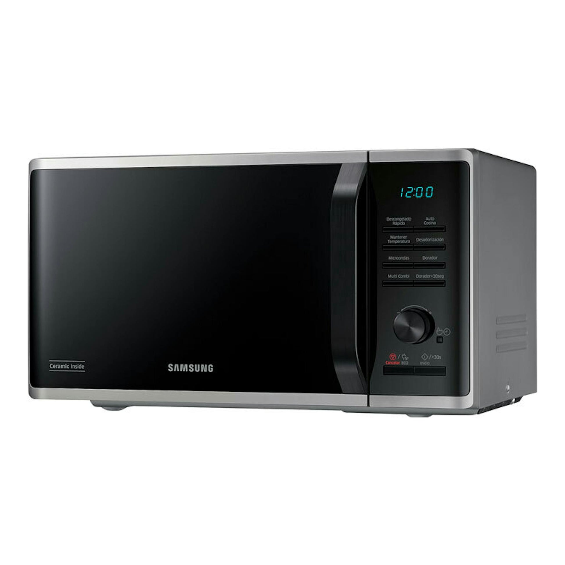 Microondas Samsung MG23K3515AS/EC en inox y negro, vista frontal derecha, con panel digital.