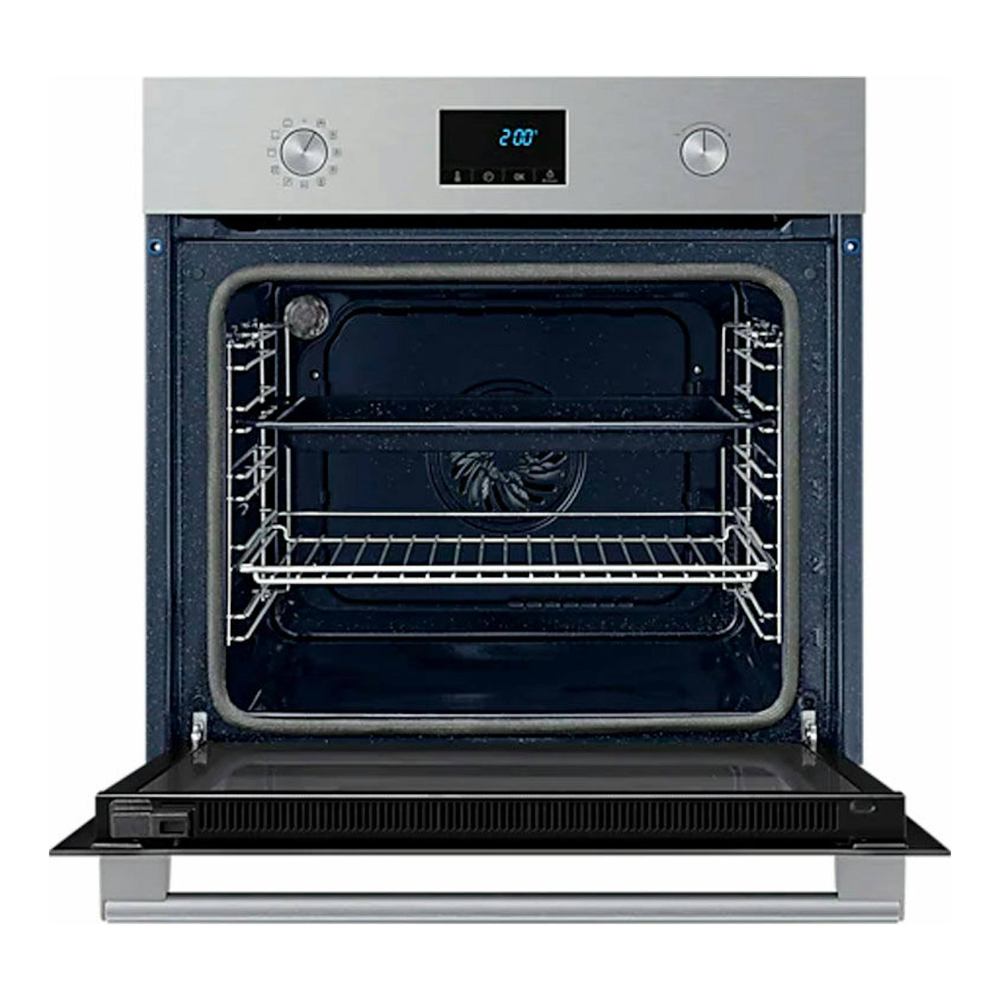 Horno Samsung NV68A1170BS/EC inox, vista frontal con puerta abatida, interior negro, panel digital y mandos plateados.
