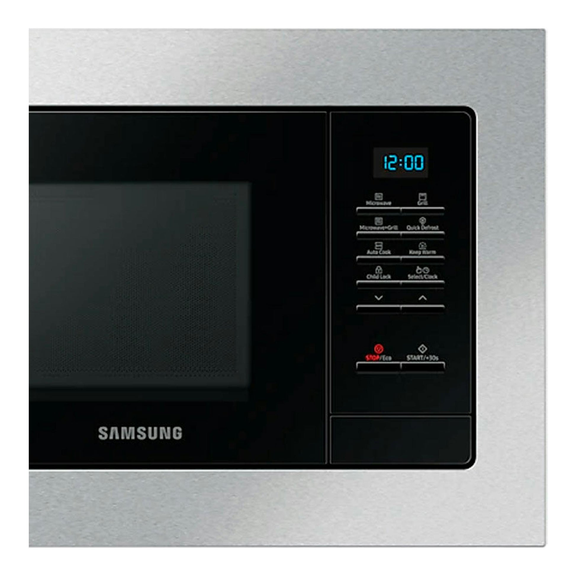 Microondas Samsung MG23A7013CT/EC inox, vista frontal, puerta negra y panel digital con display 12:00.