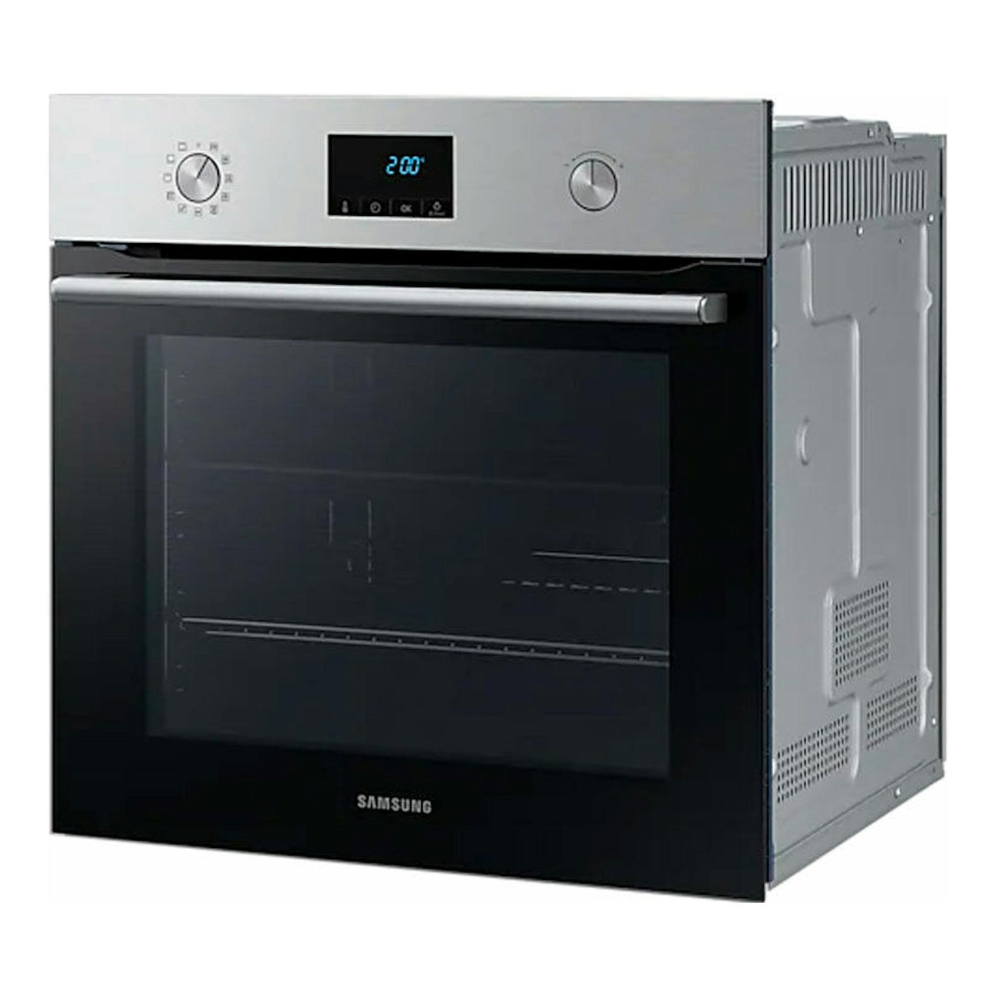 Horno empotrable Samsung NV68A1170BS/EC inox, vista frontal en ángulo, puerta negra y lateral derecho visible.