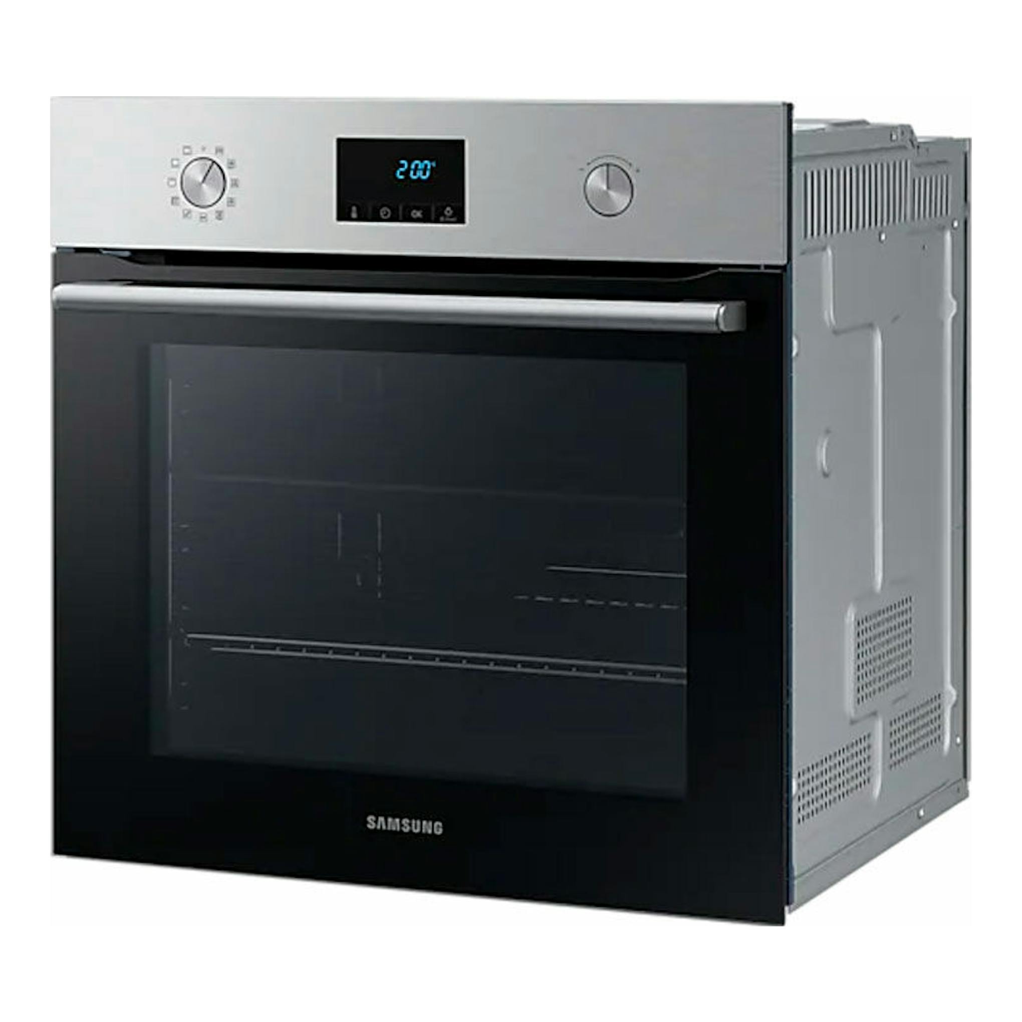 Horno empotrable Samsung NV68A1170BS/EC inox, vista frontal en ángulo, puerta negra y lateral derecho visible.