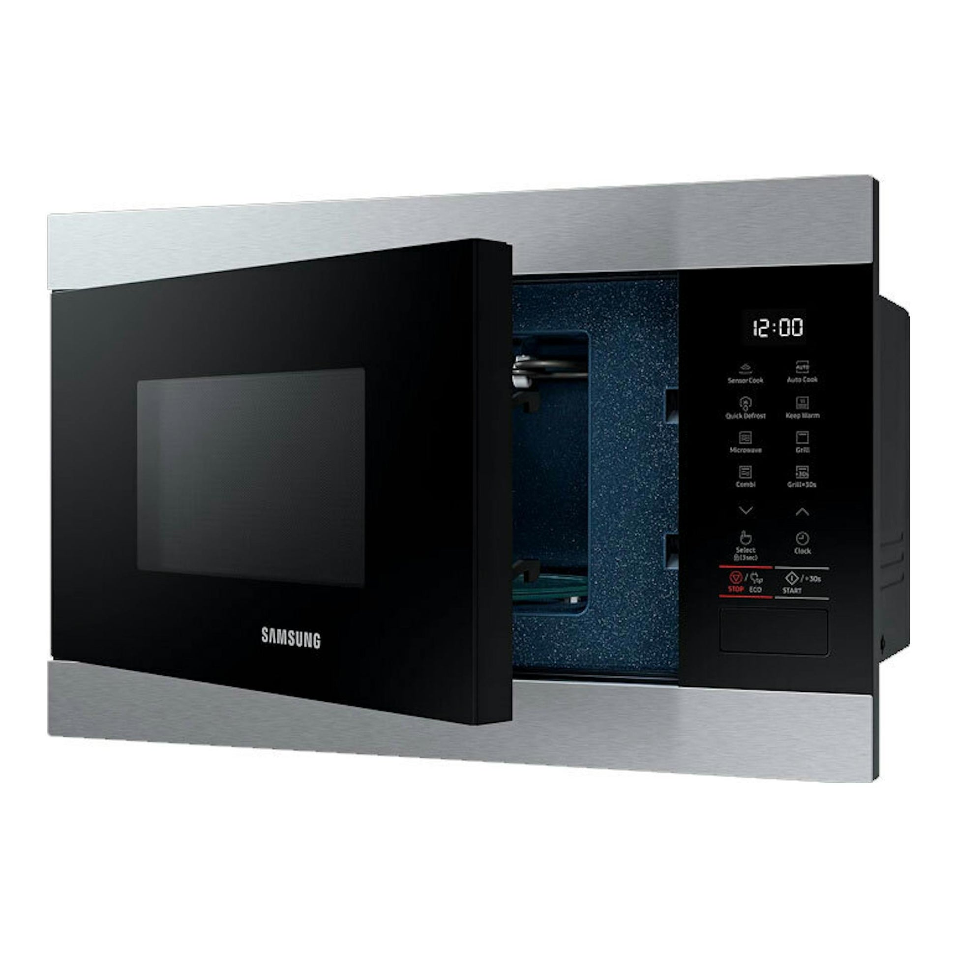 Microondas Samsung MG22M8274CT/EC en inox y negro, vista frontal en ángulo, con puerta abierta y panel digital.