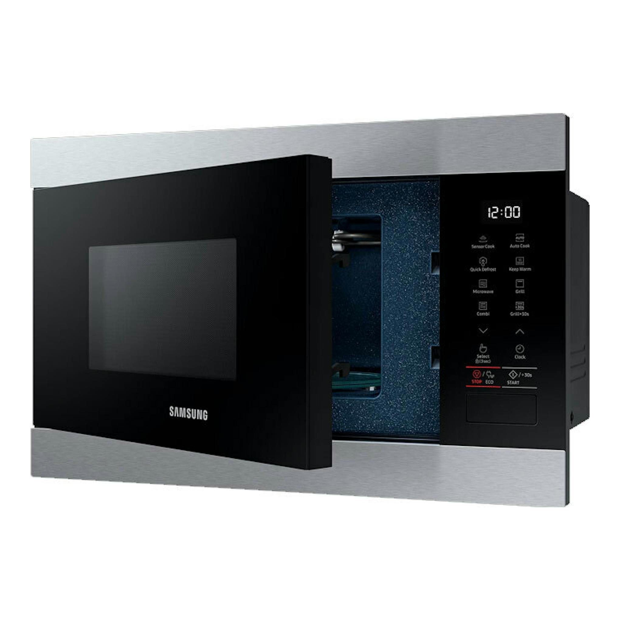 Microondas Samsung MG22M8274CT/EC en inox y negro, vista frontal en ángulo, con puerta abierta y panel digital.
