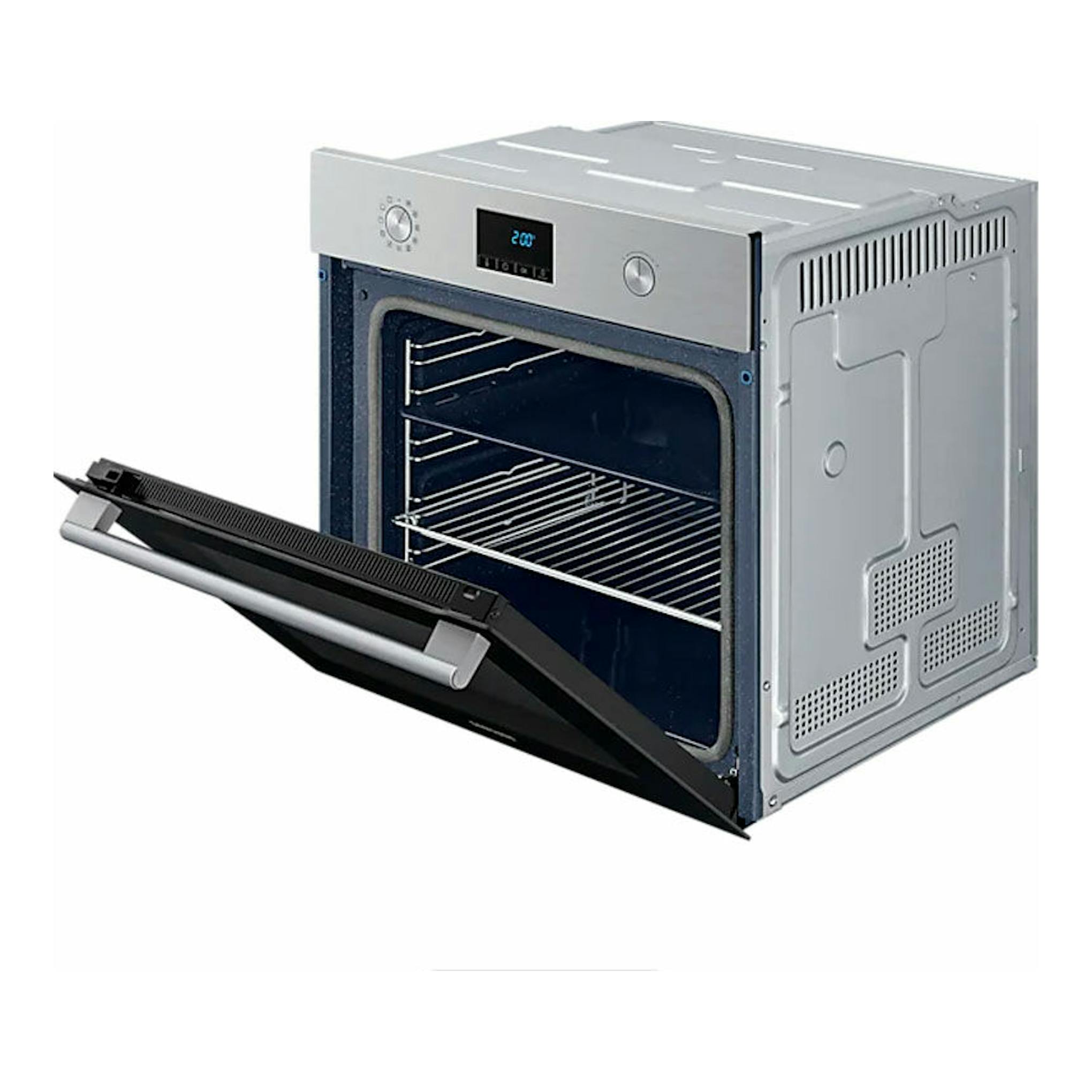 Horno Samsung NV68A1170BS/EC inox, vista 3/4 con puerta abatida e interior visible.