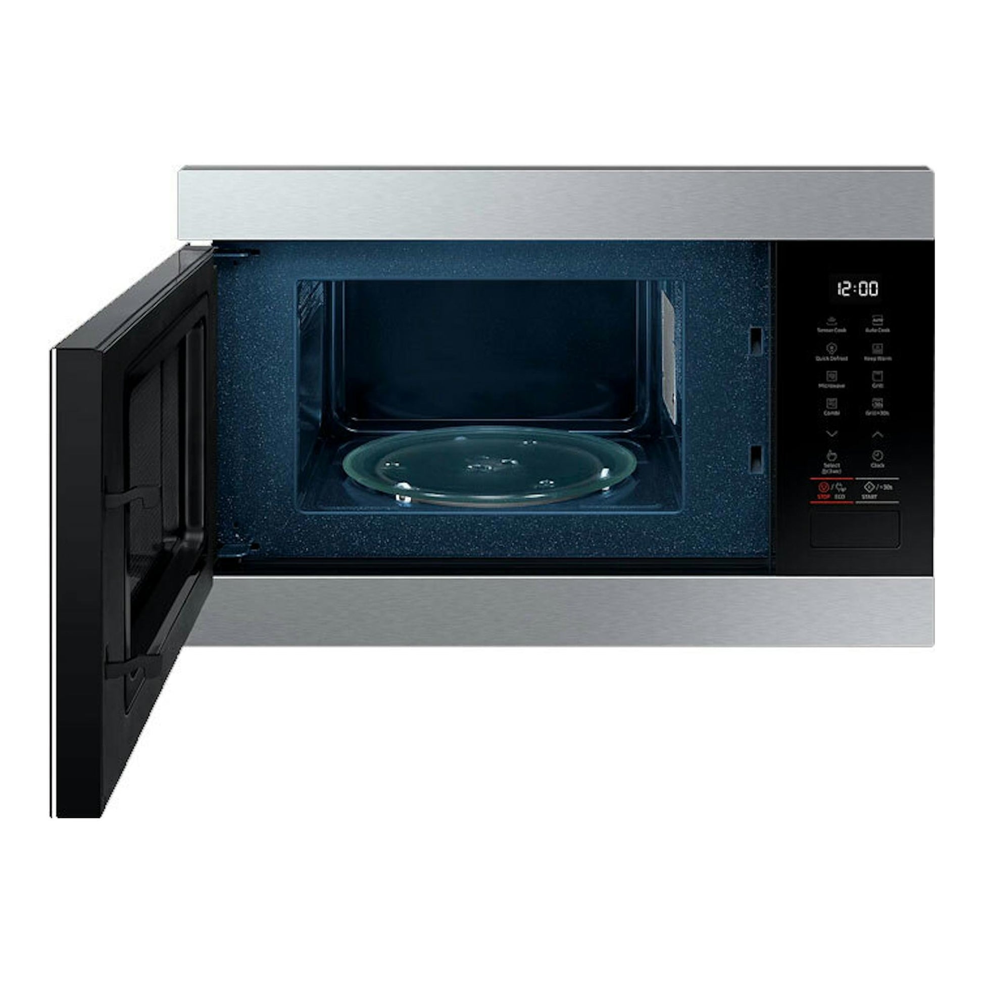 Microondas Samsung MG22M8274CT/EC en inox, vista frontal, con puerta abierta y panel negro.