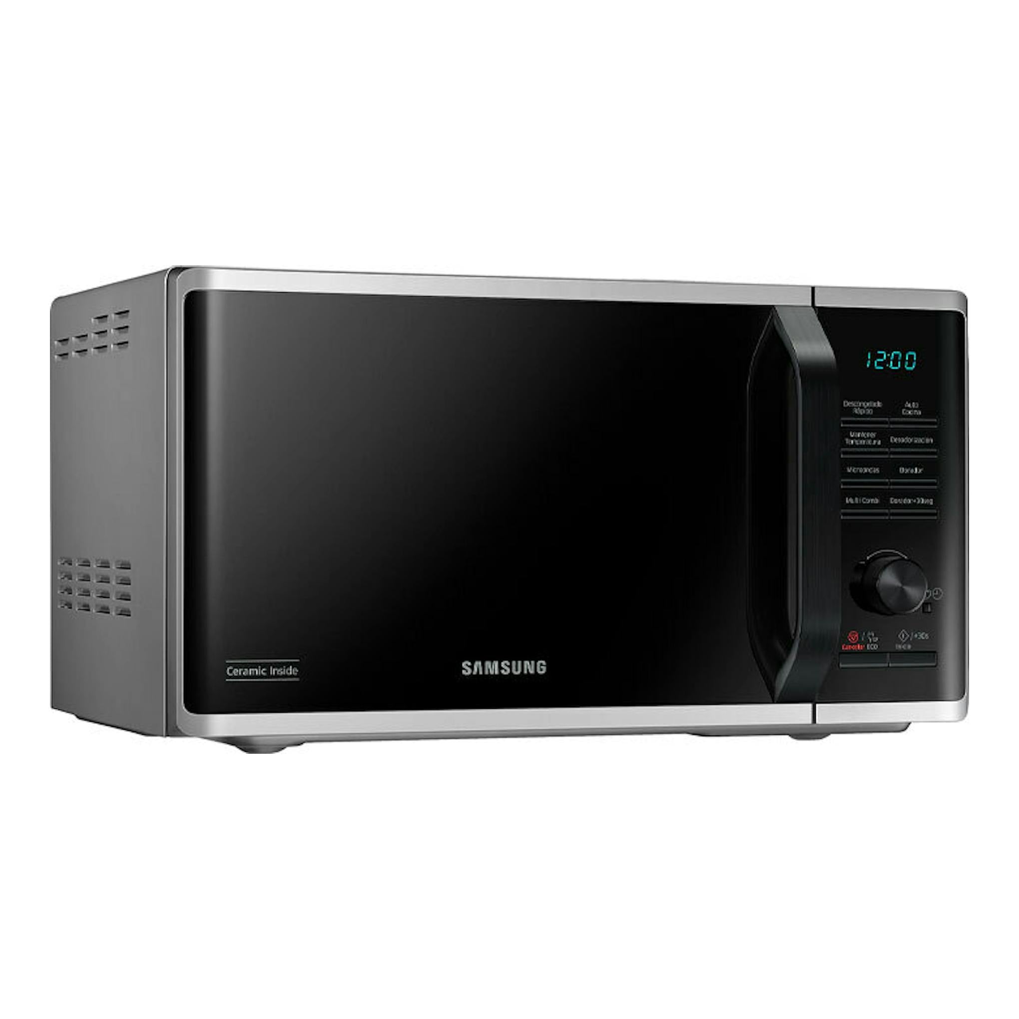 Microondas Samsung MG23K3515AS/EC inox, vista frontal con ligera perspectiva izquierda y panel negro.