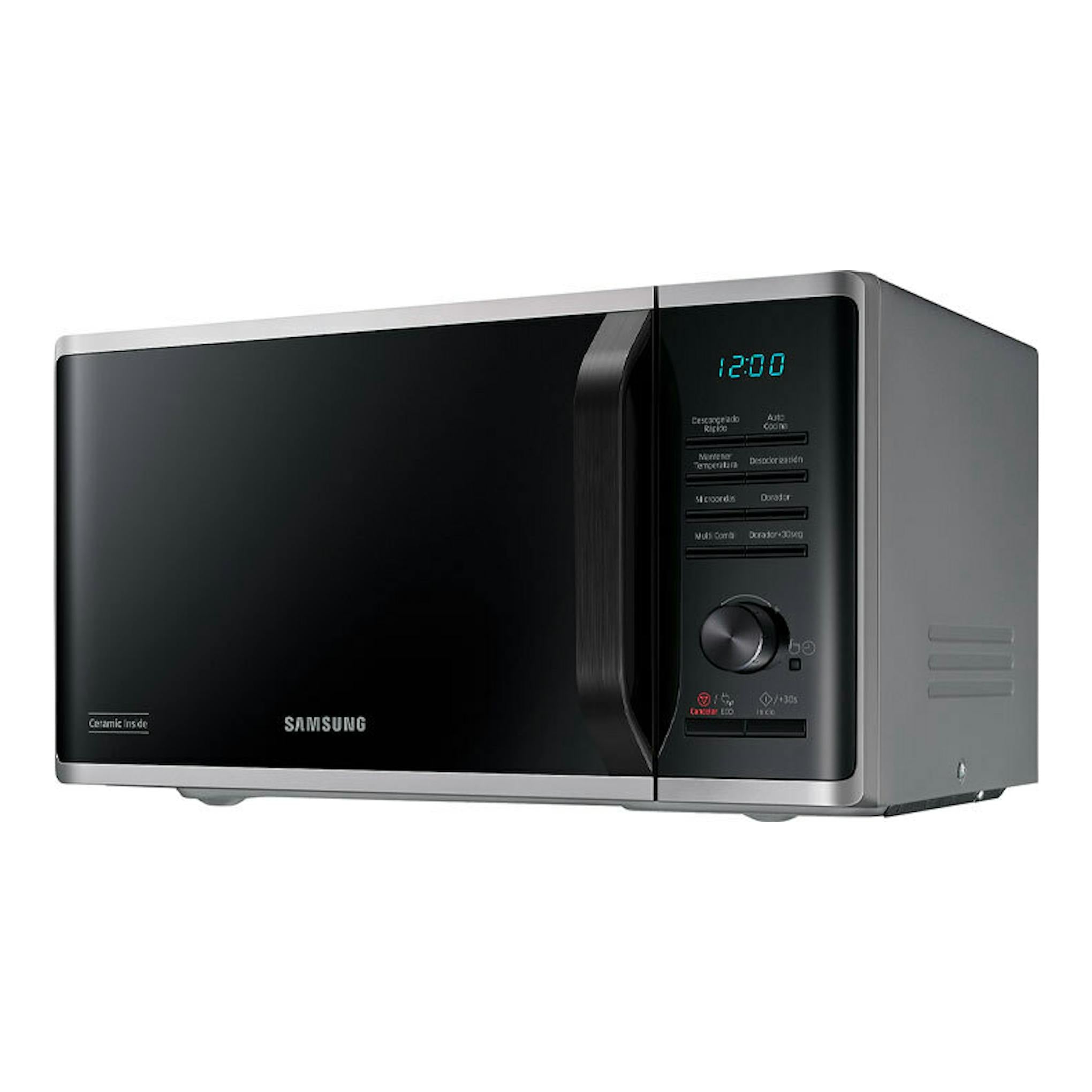 Microondas Samsung MG23K3515AS/EC inox, vista frontal en ángulo, puerta negra y panel digital a la derecha.