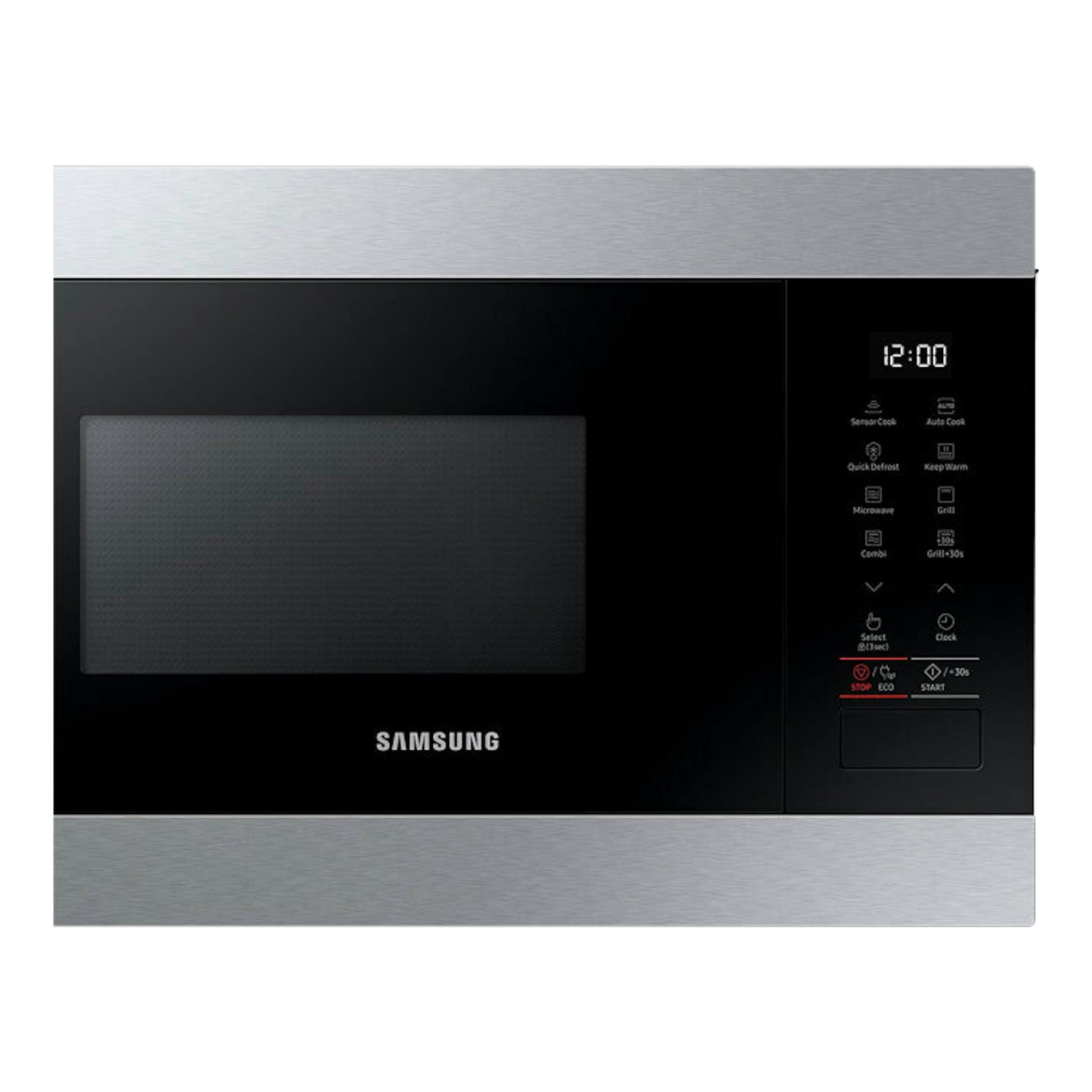 Microondas Samsung MG22M8274CT/EC inox, vista frontal, con puerta negra, ventana y panel digital.